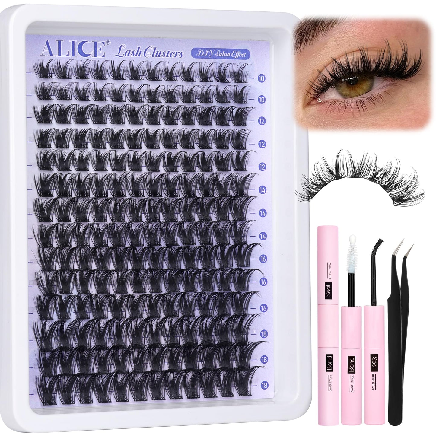 ALICE Lash Clsusters Kit Wispy Cluster Eyelash Extension Kit 168pcs 10-18mm Natural Lash Extension Kit Thin Band Individual Lashes Kit with Lash Glue Bond and Seal DIY at Home