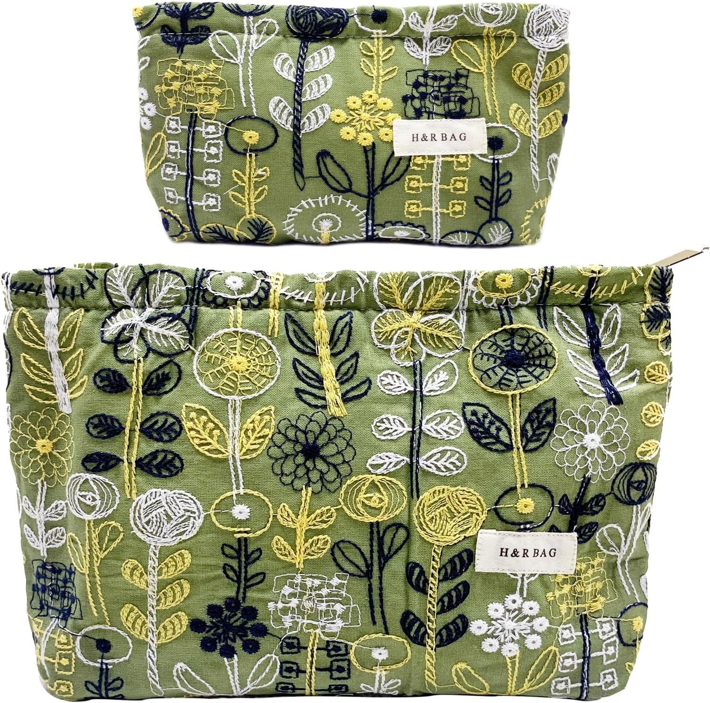Large Floral Makeup Bag Set - 2 Pcs Travel Toiletry Organizer for Women | Embroidered Cosmetic Pouches with Zipper