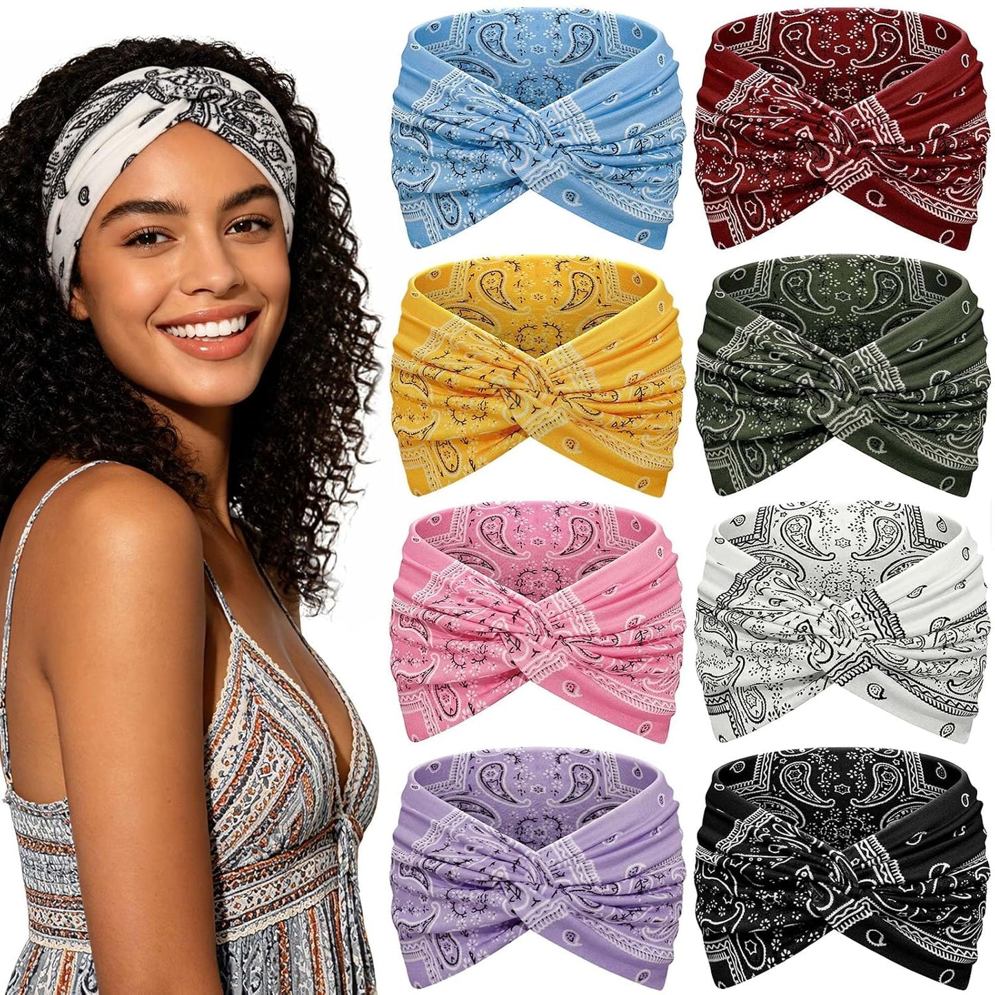 Wide Headbands for Women - 7.08 Inch Thick Boho Turban Hair Wraps | Non-Slip, Moisture-Wicking, 8 Pack Multi Colors