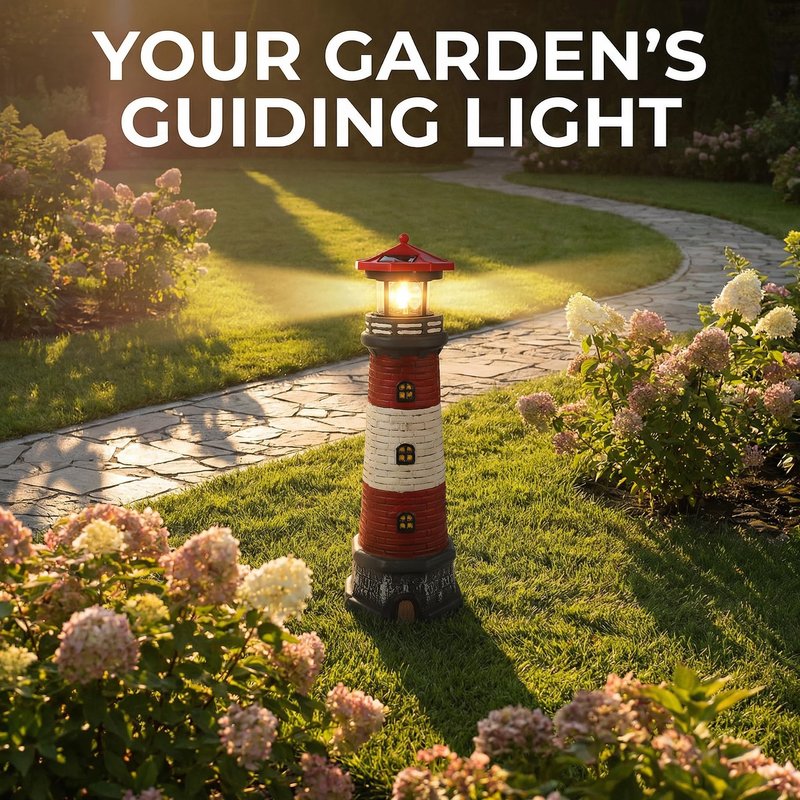 Solar Lighthouse Outdoor Statues, 360° Rotating Beacon Garden Lighthouse, 15" Light House for Outside Garden Yard Decor, Waterproof Resin Nautical Figurines for Patio Lawn Landscape Lighting (Red)