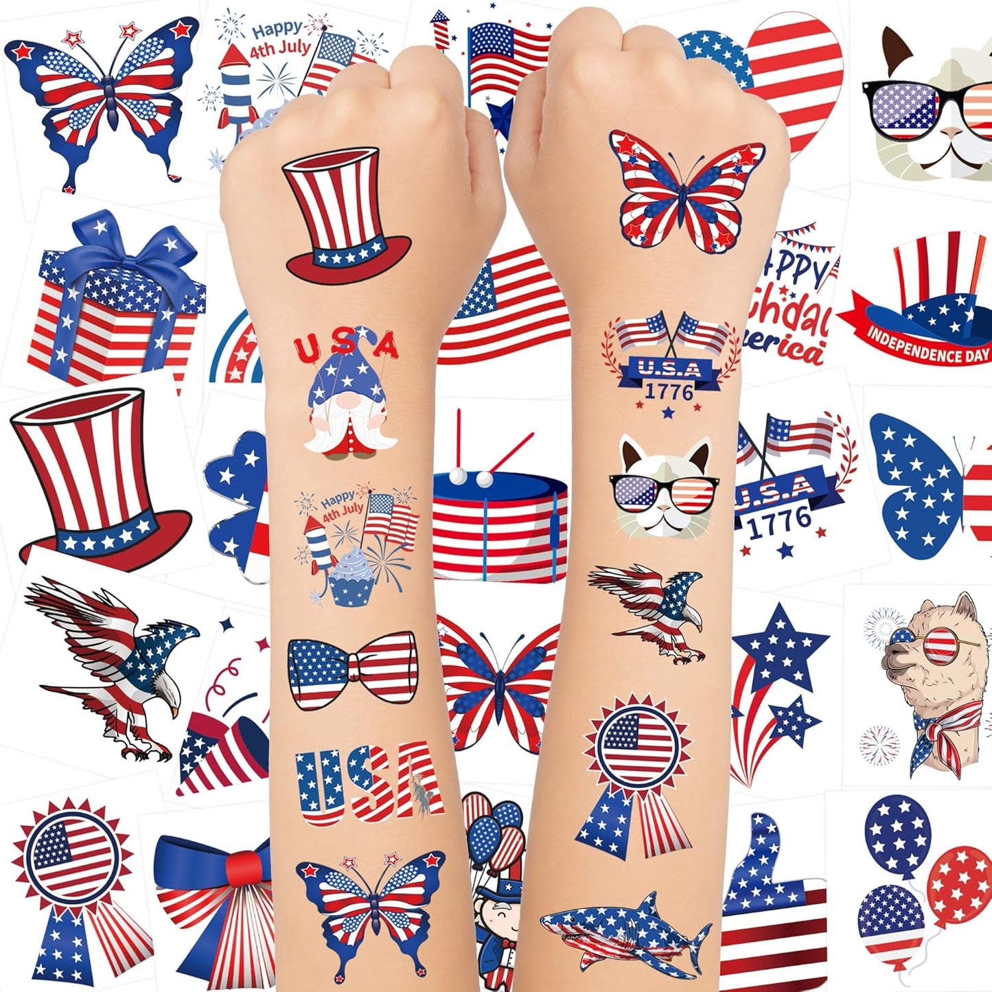 150PCS 4th of July Temporary Tattoos - Patriotic USA Flag Designs for Kids | Independence Day Party Favors & Decorations