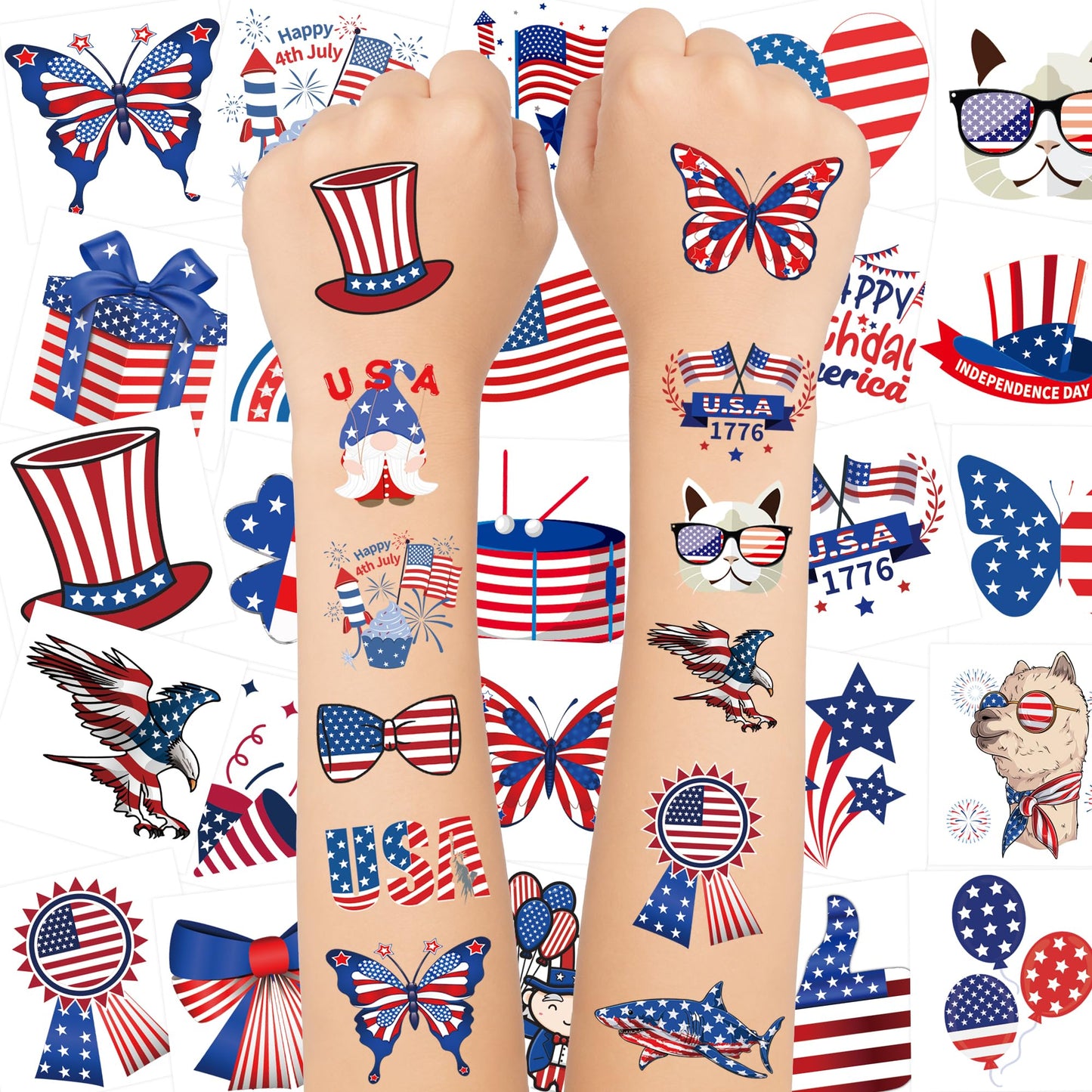 150PCS 4th of July Temporary Tattoos for Kids, Fourth of July Decorations, American Flag Red White and Blue Accessories Fake Tattoo Stickers, USA Independence Day Patriotic Party Favors Supplies Decor