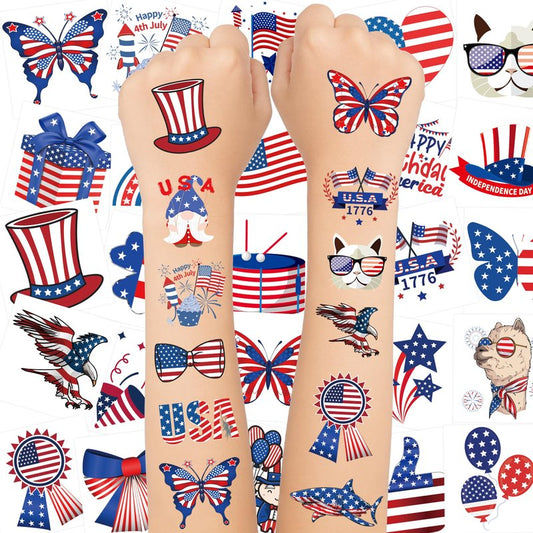150PCS 4th of July Temporary Tattoos for Kids, Fourth of July Decorations, American Flag Red White and Blue Accessories Fake Tattoo Stickers, USA Independence Day Patriotic Party Favors Supplies Decor