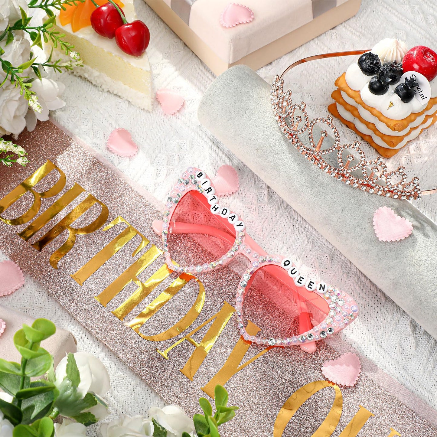 Loetere 3 Pcs Birthday Queen Sash and Crown with Glasses for Women Rhinestone Tiara and Glasses Queen Sash Accessories Set Birthday Party Favors for Party Birth Anniversary