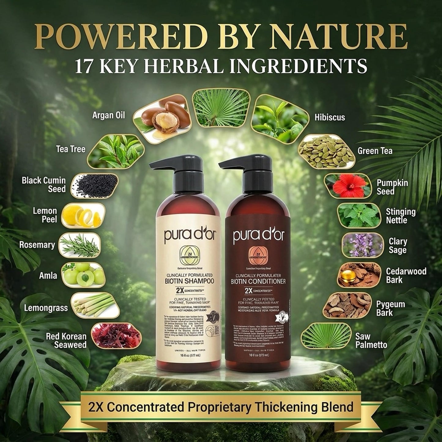 PURA D'OR Clinically Formulated Biotin Shampoo & Hair Regrowth Conditioner For Hair Thinning - 2X Concentrated Proprietary Thickening Blend For Women & Men, Sulfate Free, Botanical Zen Scent,16oz x2