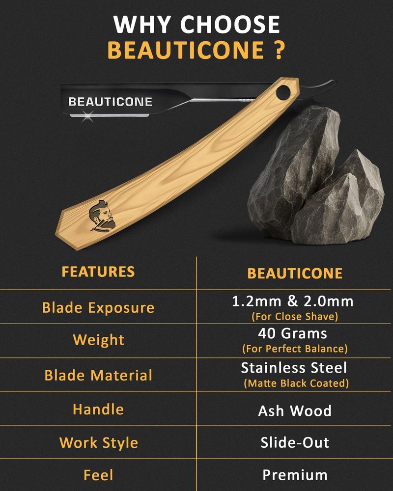 BEAUTICONE Straight Razors for Men, Professional Barber Razors, Premium Straight Edge Razor, Shaving Knife, Shavette, Stainless Steel, Wooden Handle, With PU Leather Case