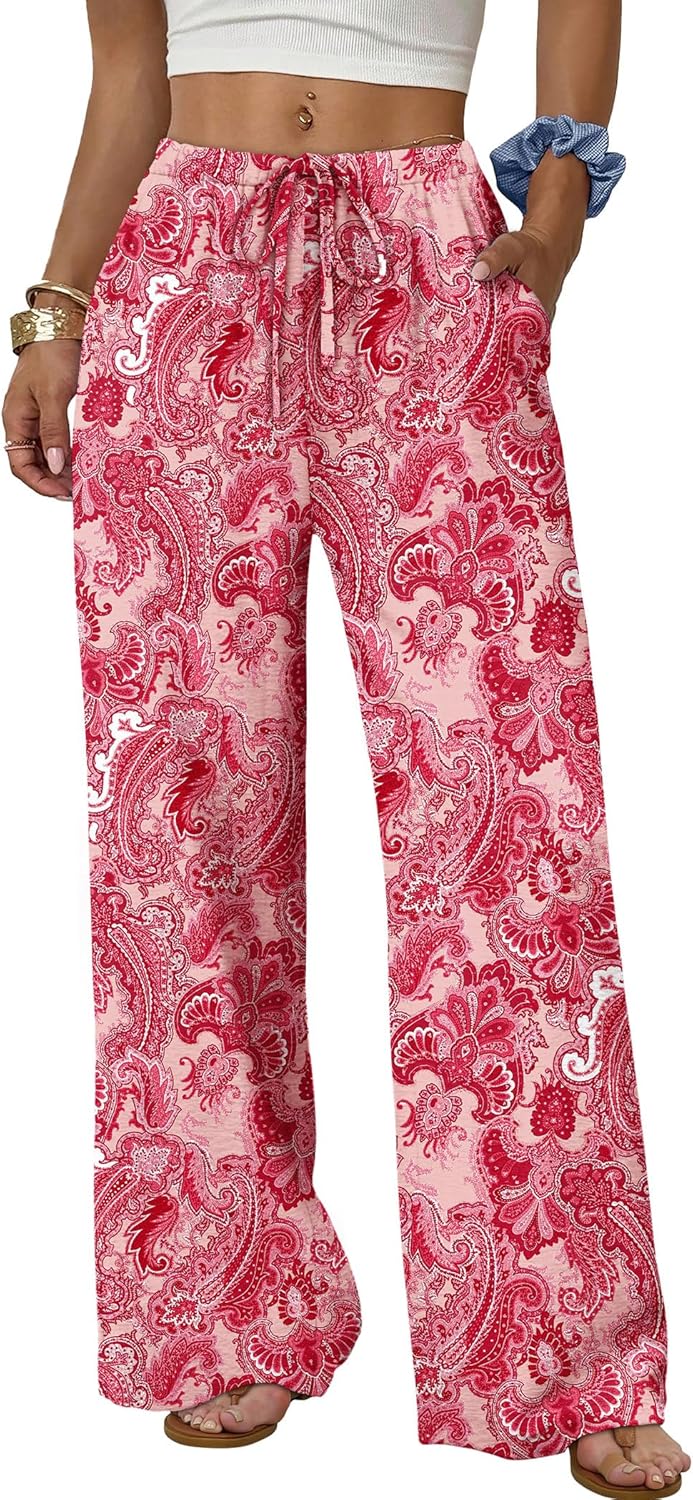 Wide Leg Pants for Women - Flowy Palazzo Trousers with Drawstring & Pockets | Summer Beach Vacation Wear