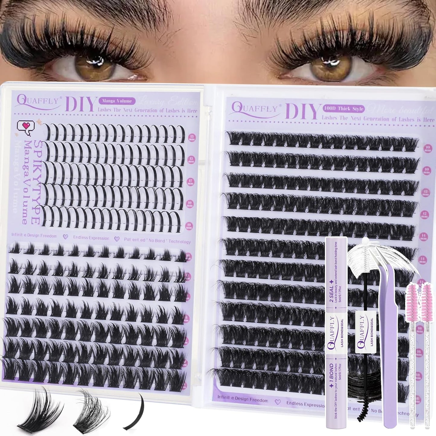 DIY Lash Extension Kit - 100D & 150D Volume Lash Clusters with Spikes | Wispy Bottom Lashes, Bond & Seal, Easy Application