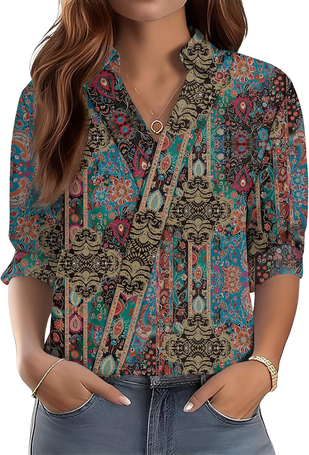 3/4 Length Sleeve Women's Dressy V-Neck Collared Tops - Trendy Business Casual Blouses for Work & Vacation