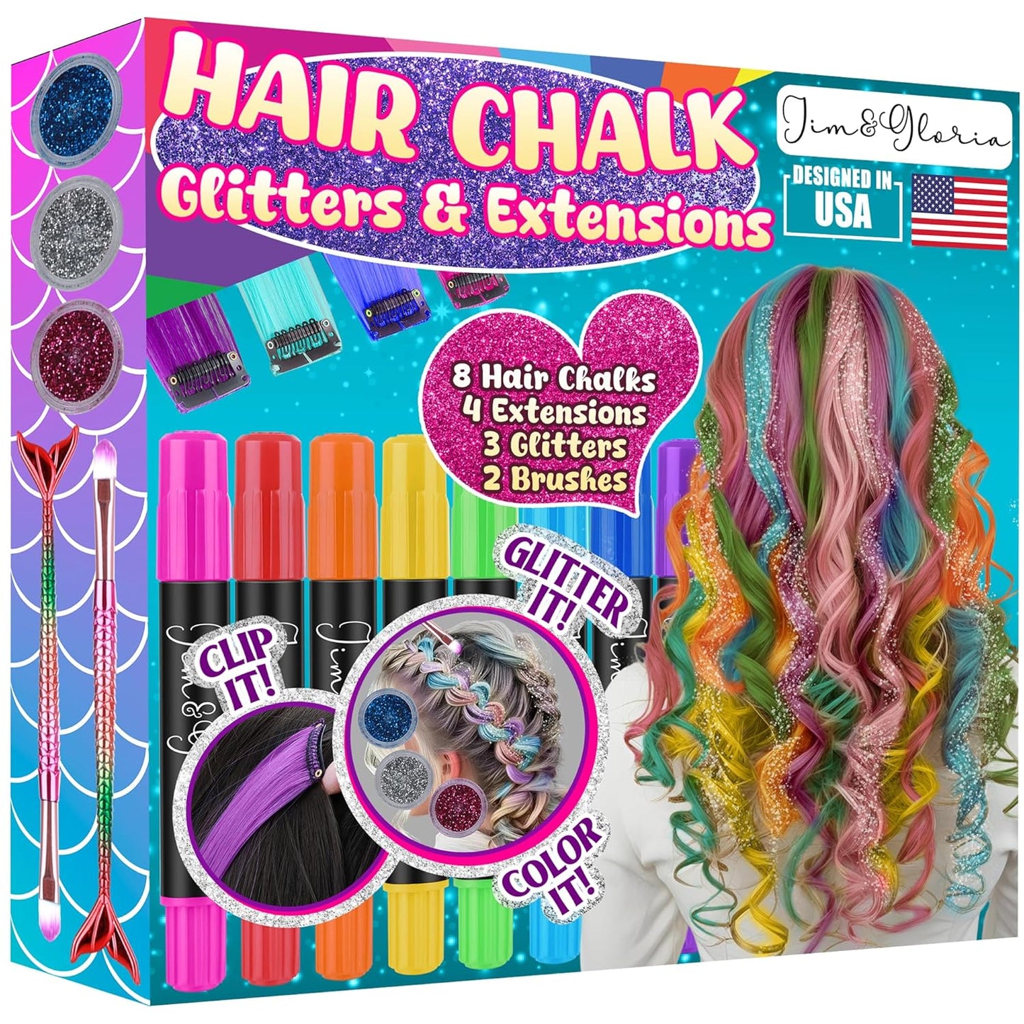 Dustless Hair Chalk for Girls - Washable Temporary Color Dye with Clip-In Extensions & Brushes | Perfect Gift for Teens 7-14 Years Old
