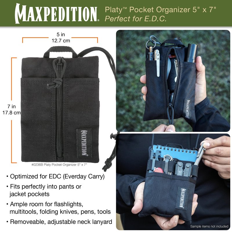 MAXPEDITION Platy Pocket Organizer, Durable EDC Tool Pouch for Men, Neck Wallet with Paracord Lanyard, Holds Flashlight, Multitool, Pen, Notebook (Black, 5" x 7")