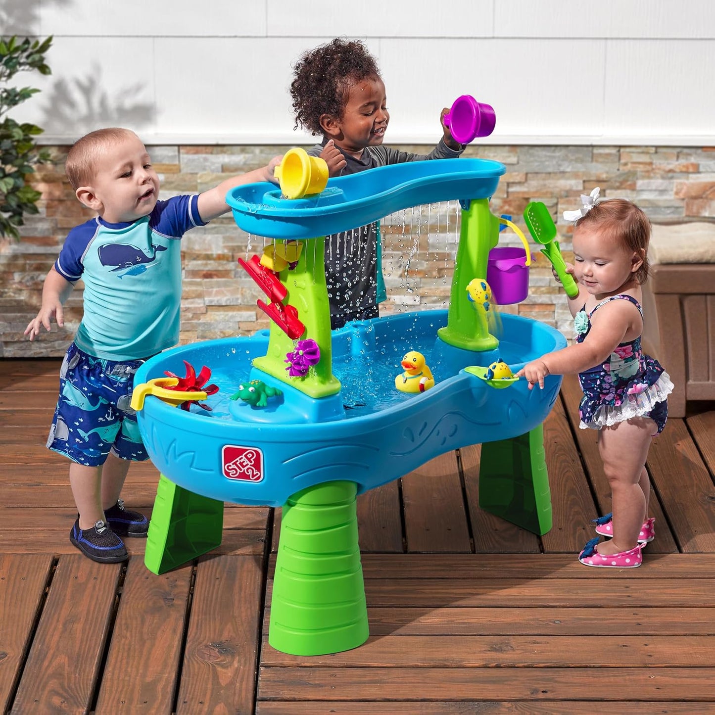 Step2 Rain Showers Splash Pond Water Table | Kids Sensory Playset with 13 Accessories for Outdoor Fun, Blue & Green, Ages 1.5+