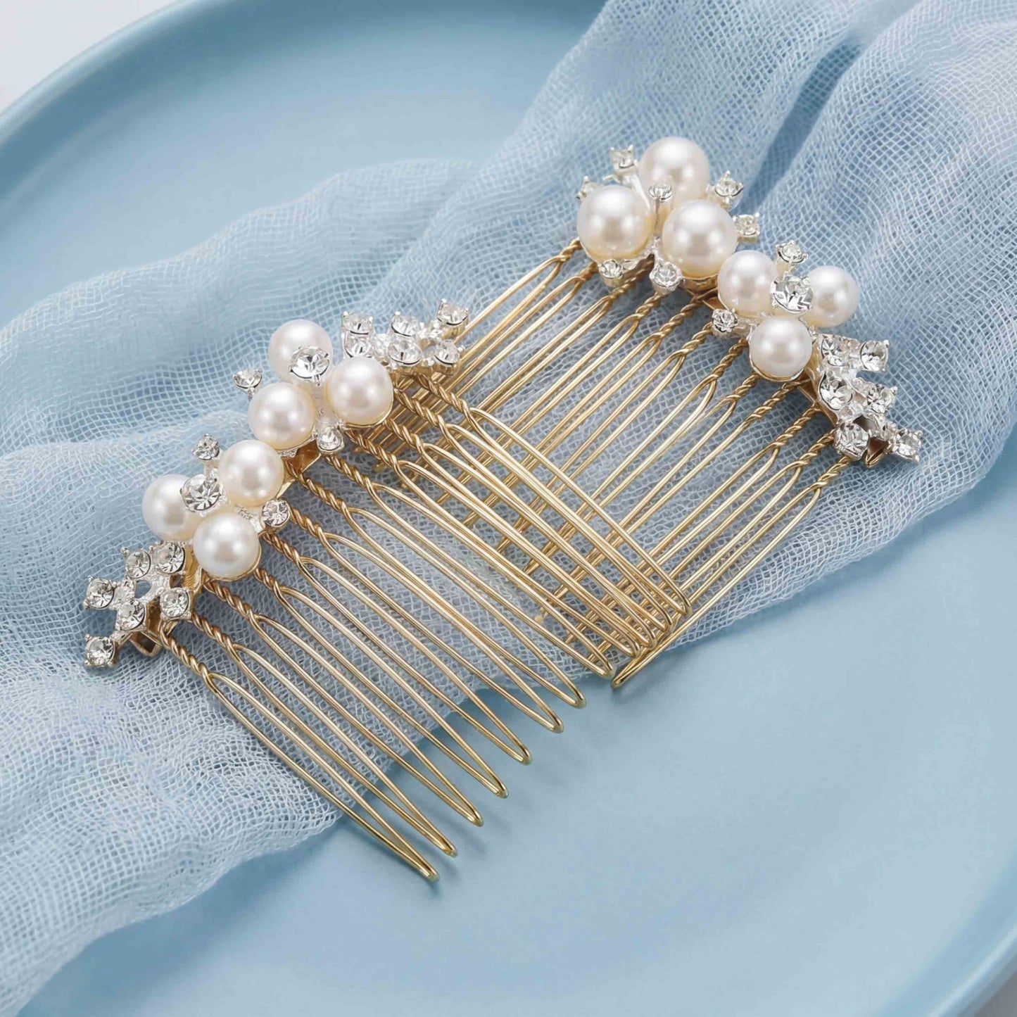 EVAZEN Pearl Wedding Hair Accessories Bridal Hair Comb Rhinestone Bride Hair Clip for Women(2 pcs)(Gold)