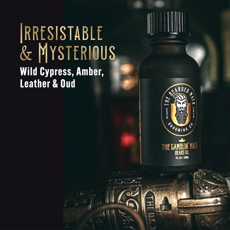 The Bearded Mack Grooming Co Beard Oil - Gamblin' Mack - Oud, Leather & Frankincense - Hydrates and Soothes, Handcrafted in USA, 1 Fl Oz