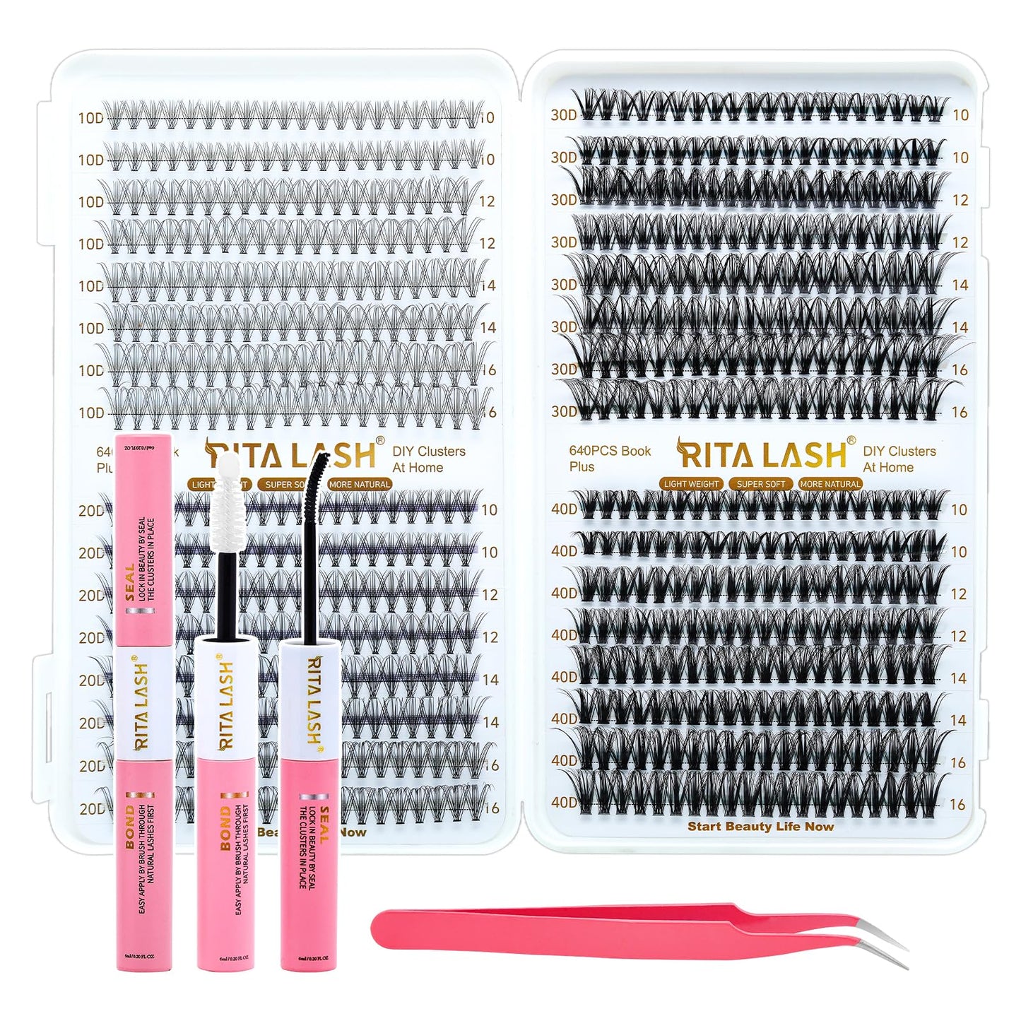 RITALASH Lash Extension Kit 10D+20D+30D+40D DIY Lash Clusters 640pcs Cluster Lashes Individual Lashes Eyelash Extension Kit with Lash Bond and Seal,Lash Tweezers(10D+20D+30D+40D Kit,10-16mm)