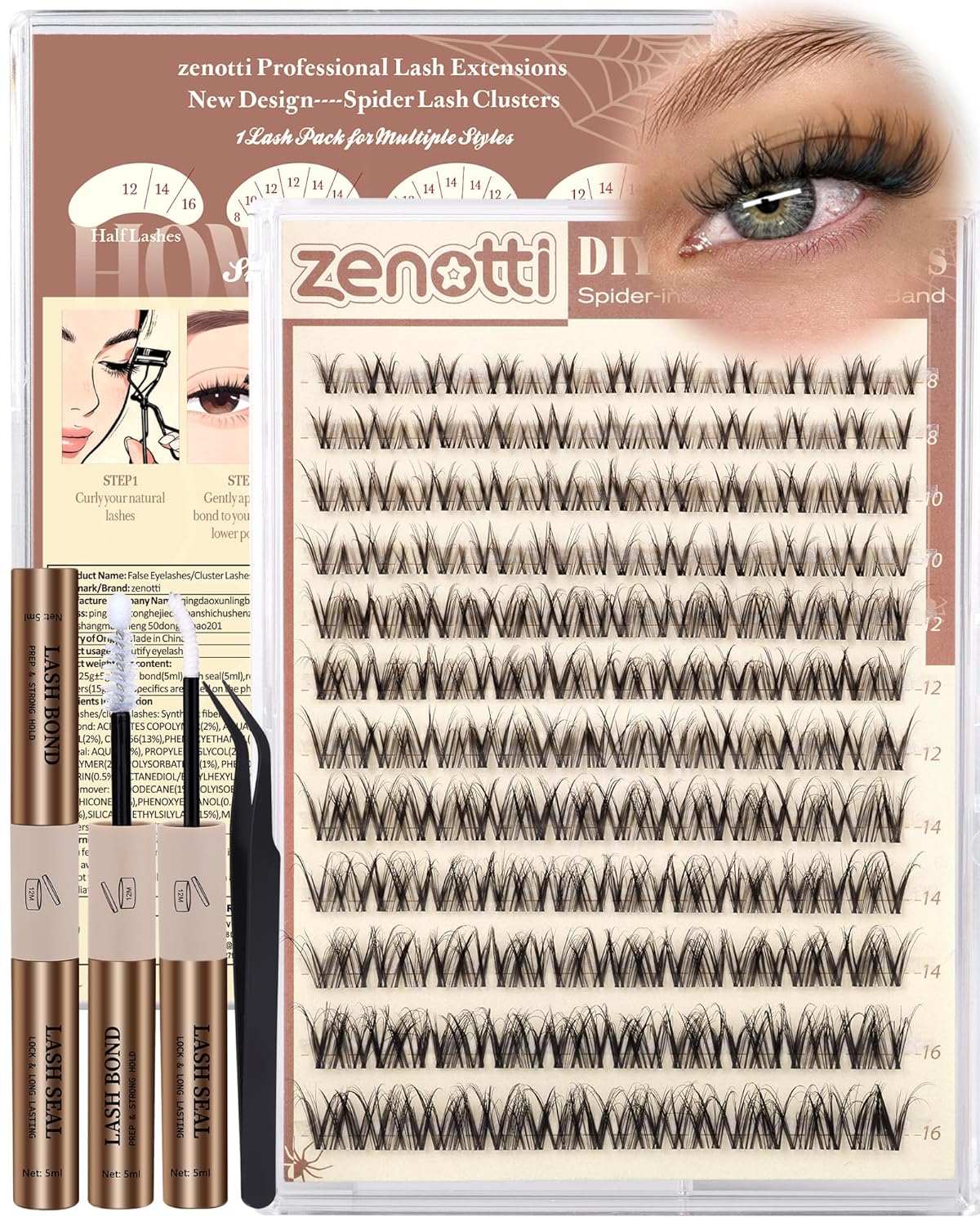 Spider Lashes Cluster Kit - Wispy Eyelash Clusters for Fluffy Extensions | D Curly 8-16mm