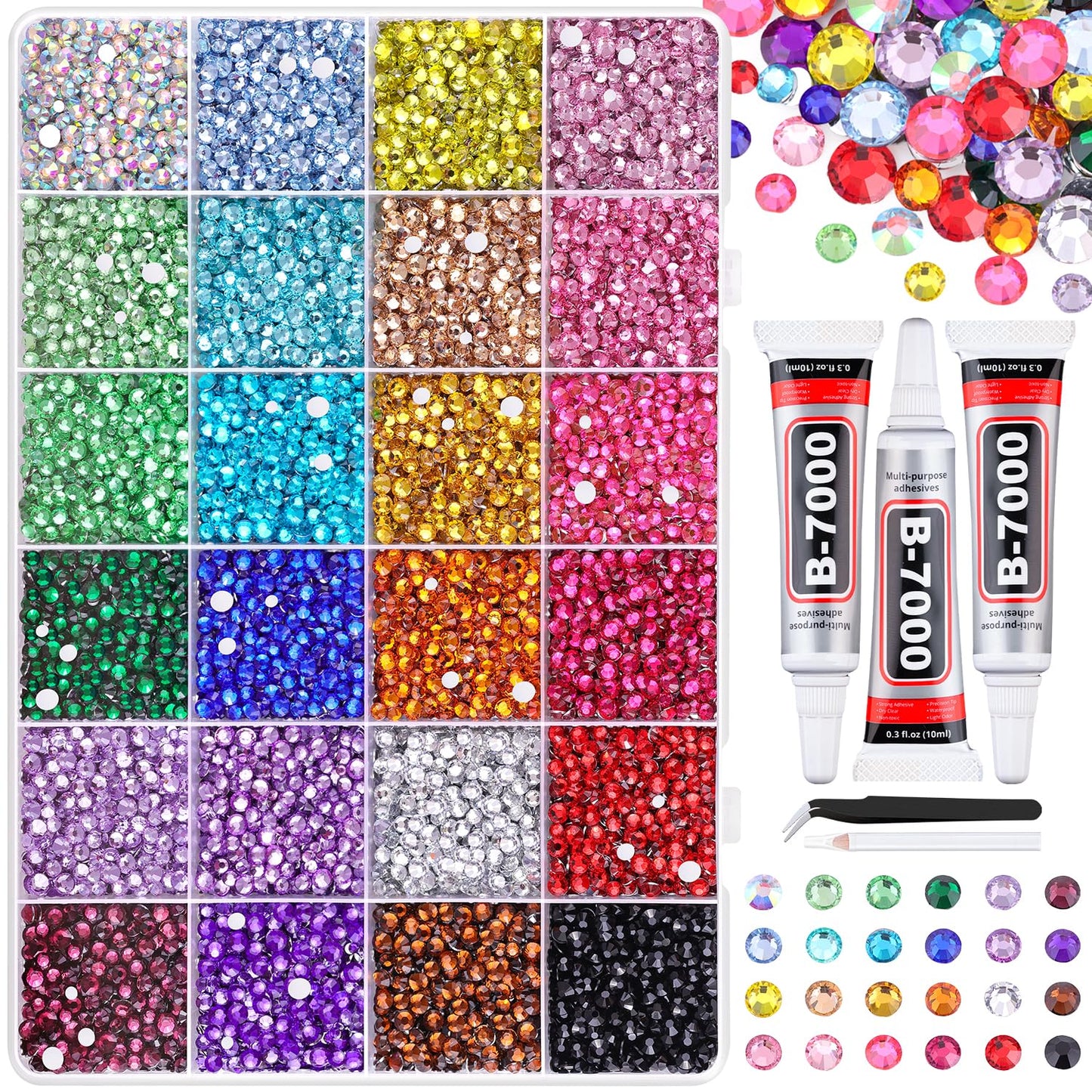 Resin Rhinestones - 32000 Pcs Flatback Gems for Bedazzling | Silver Clear Crystal Kit with 3 Pcs B7000 Glue for Nail Art & Crafts