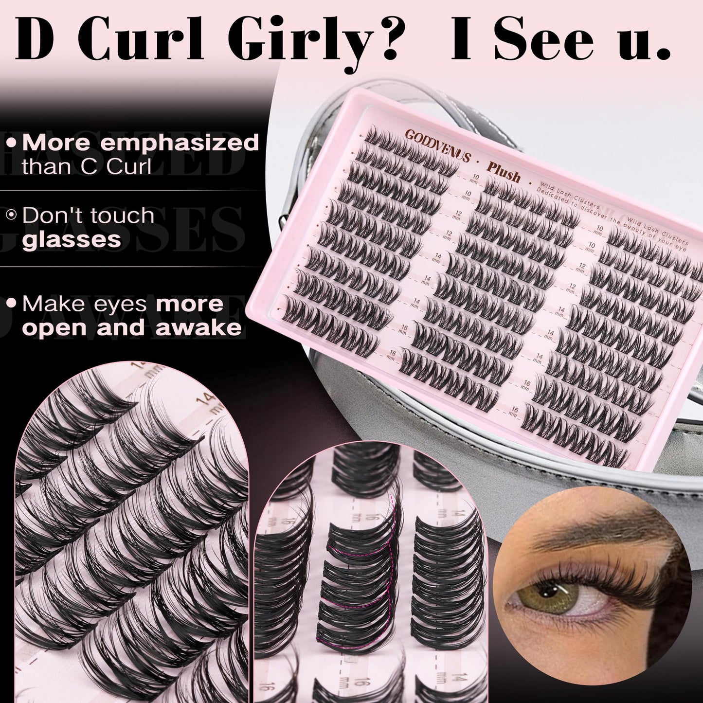 Goddvenus Plush Lash Clusters Natural Wispy Cluster Eyelash Extensions, Fluffy DIY Lash Extension at Home for Natural Look, D Curl Individual Eyelashes