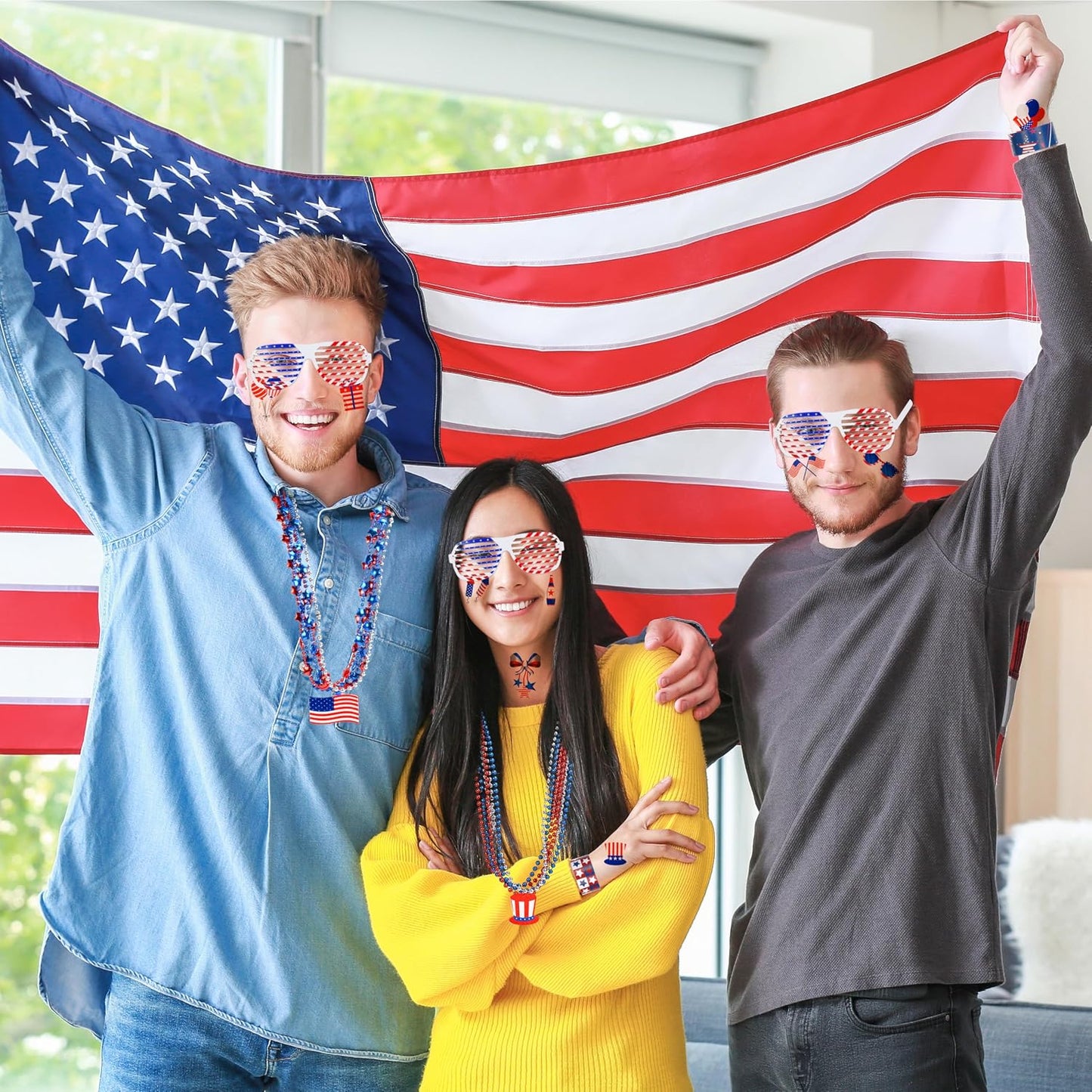 4th of July Patriotic Accessories Set - 147 Pcs Glasses, Necklaces, Bracelets & Tattoos | Independence Day Party Decor