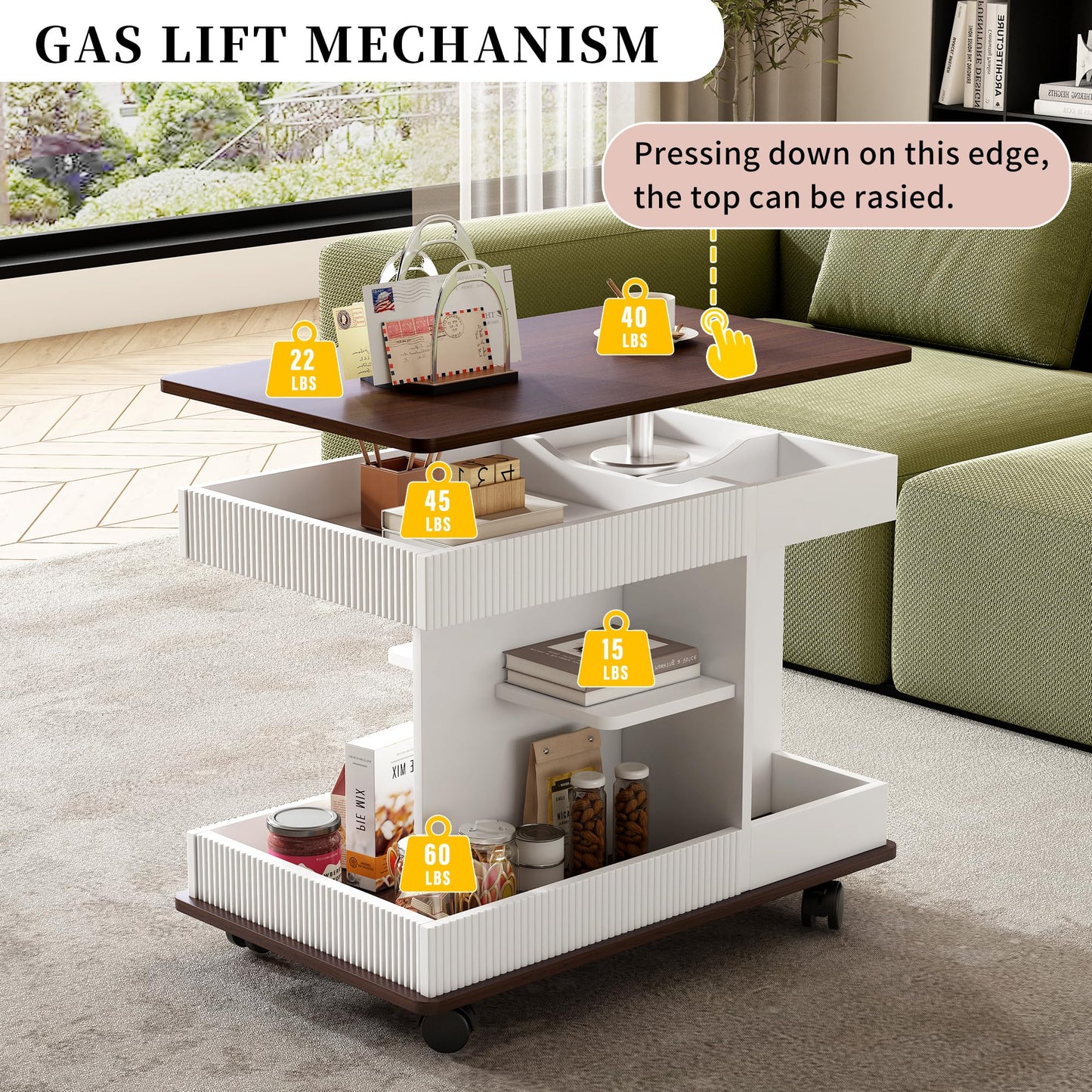 Merax Adjustable End Table with Wheels, Modern Multifunctional Sofa Side Table with Lift-Top, 360°Rotating Top and Storage Space for Living Room, Small Space, Brown+White