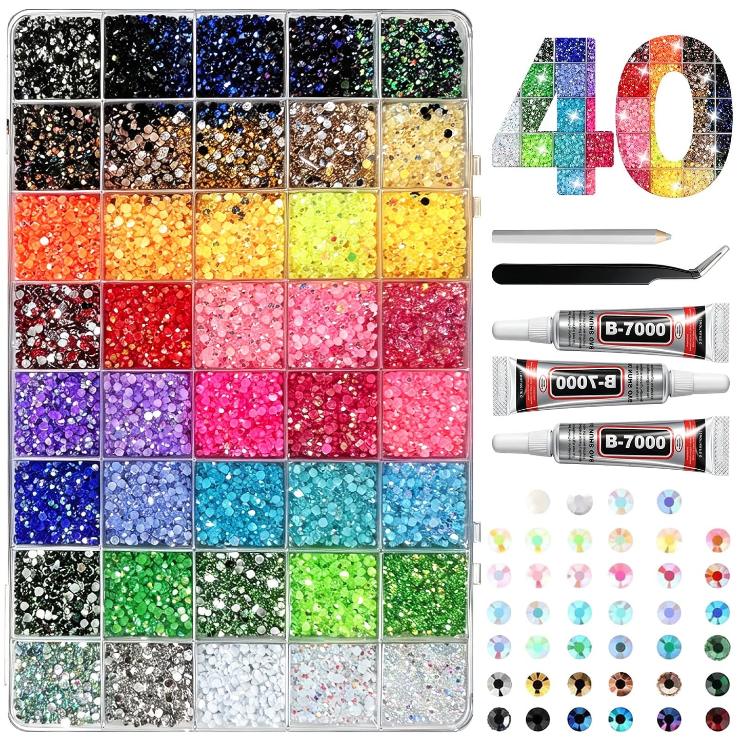 40000 Pcs 40 Colors Bedazzling Kit with Rhinestones, Resin Jelly Rhinestones for Bedazzled Kits, Multicolor Gem Bedazzler Kit for Crafting, DIY Arts, Nail Art, Shoe, Book