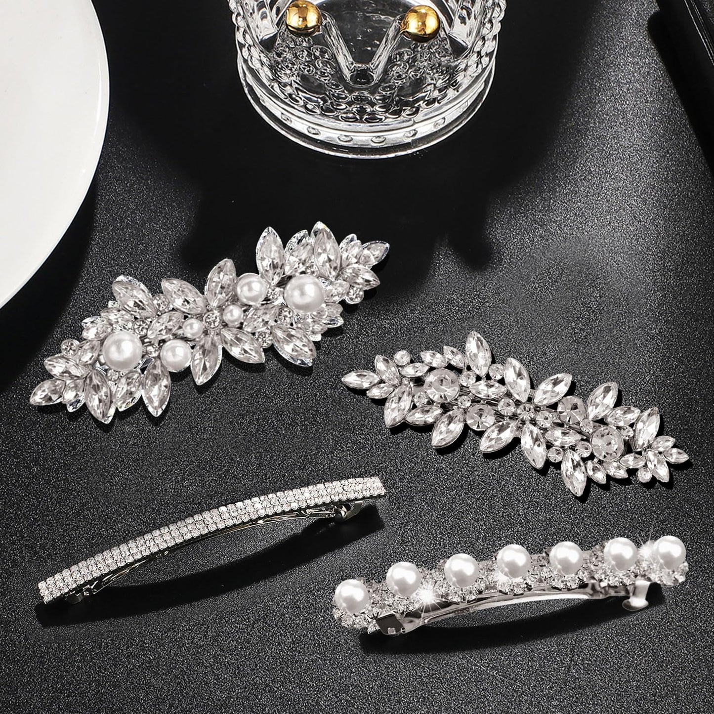 4pcs Rhinestone Hair Barrettes for Women Leaf Wedding Hair Pins Crystal Bobby Pins Silver Bridal Hairpin Clips for Brides Bridesmaids Flower Girls