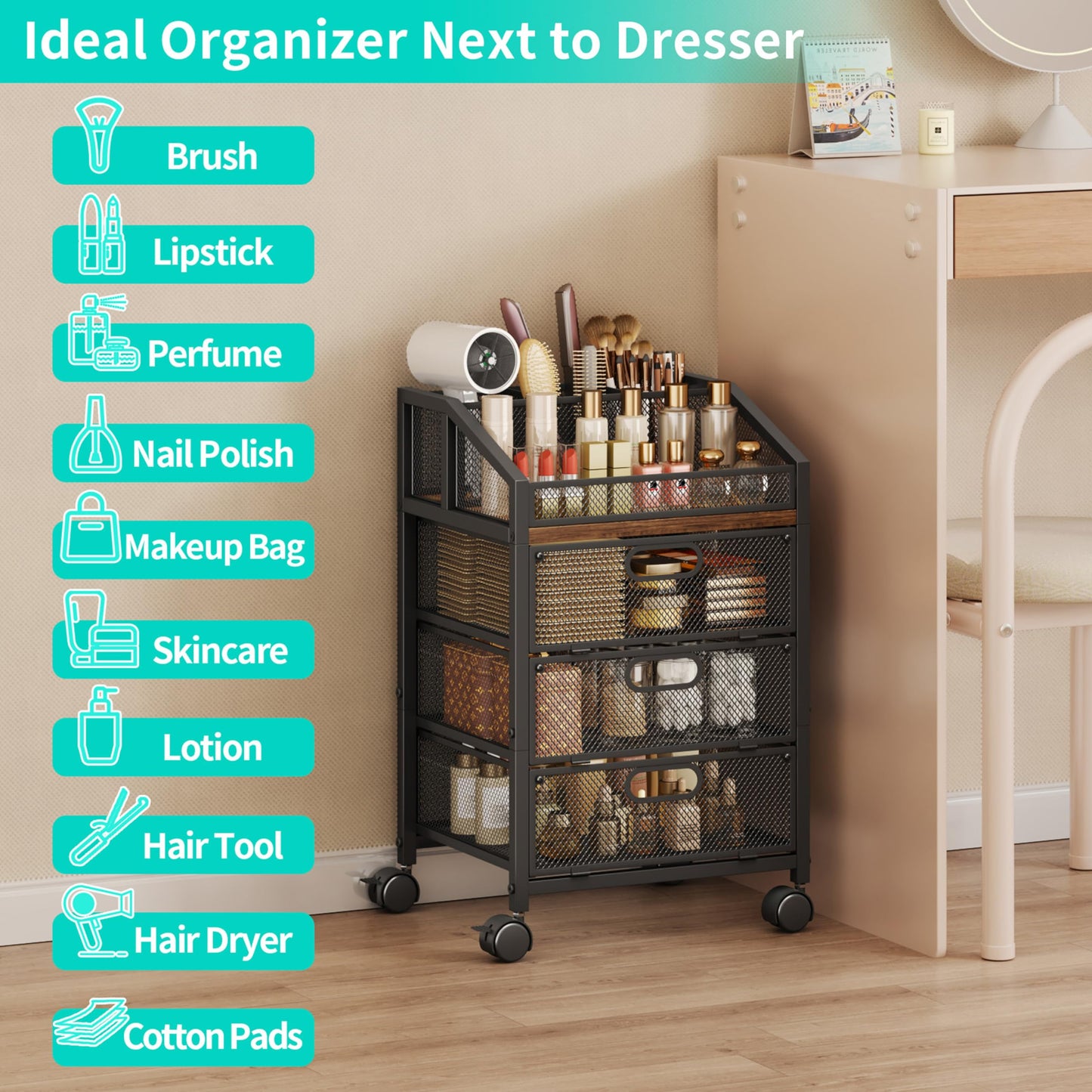 HapiRm Rolling Makeup Organizer Cart- Under Desk Vanity Storage with 3 Drawers, Floor Nail Cart Skincare Organizers Cosmetics Display Cases for Nail Polish Perfume Makeup Brush Hair Tool, Black