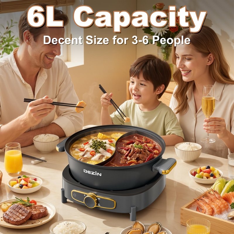 Dezin Hot Pot Electric with Divider, 6L Double-Flavor Shabu Shabu Pot, Dual Sided Removable Non-Stick Hotpot Pot Electric, 3" Depth Chinese Hot Pot with Multi-Power Control, 2 Silicone Ladles Included