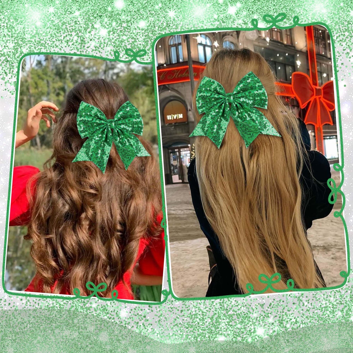 STGDAK Green Bow Clips 7 Inch Glitter Big Bows Sparkly Sequin Cheerleading Bow For Girls Bling St. Patrick's Day Hair Accessories For Women Softball Festivals St. Patrick's Day