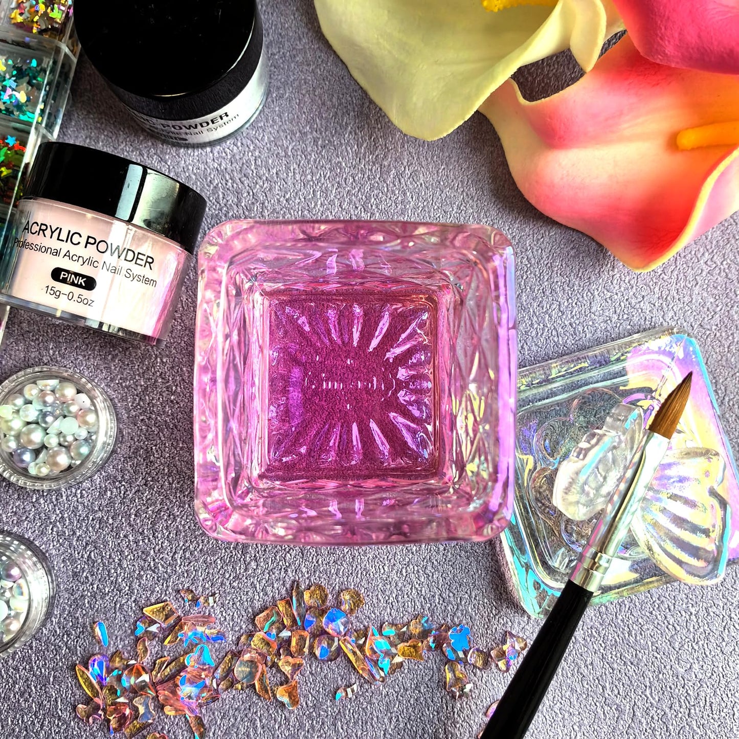 Dappen Dish for Monomer Acrylic Nail Liquid, CORFULRA Large Monomer Dish with Lid Acrylic Liquid Powder Cup, Square Butterfly Glass Jar for Nail Brush, Acetone Nail Polish Remover Holder. Rainbow
