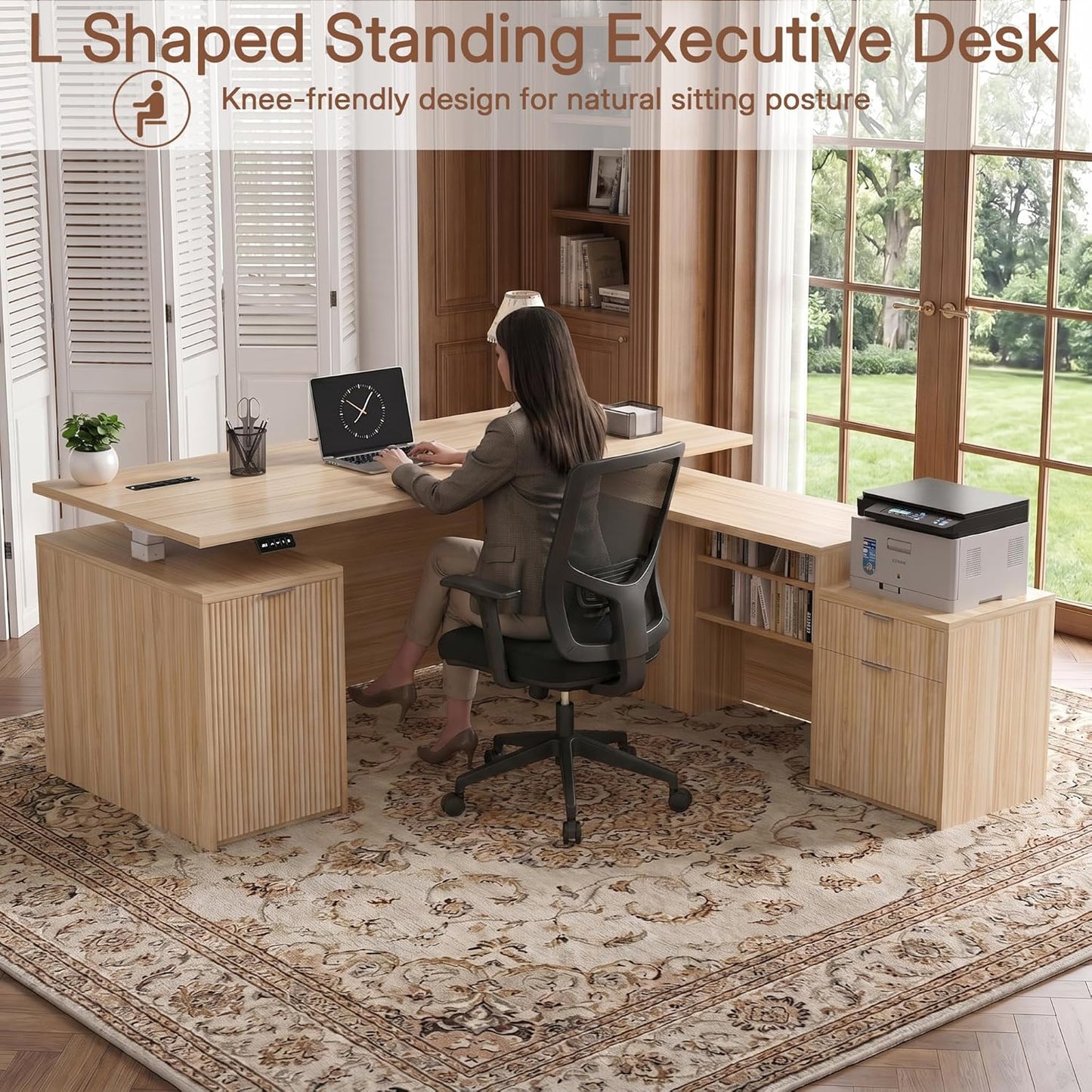 L Shaped Executive Desk - Height Adjustable Modern Office Workstation with File Cabinet & USB | Natural Wood Finish