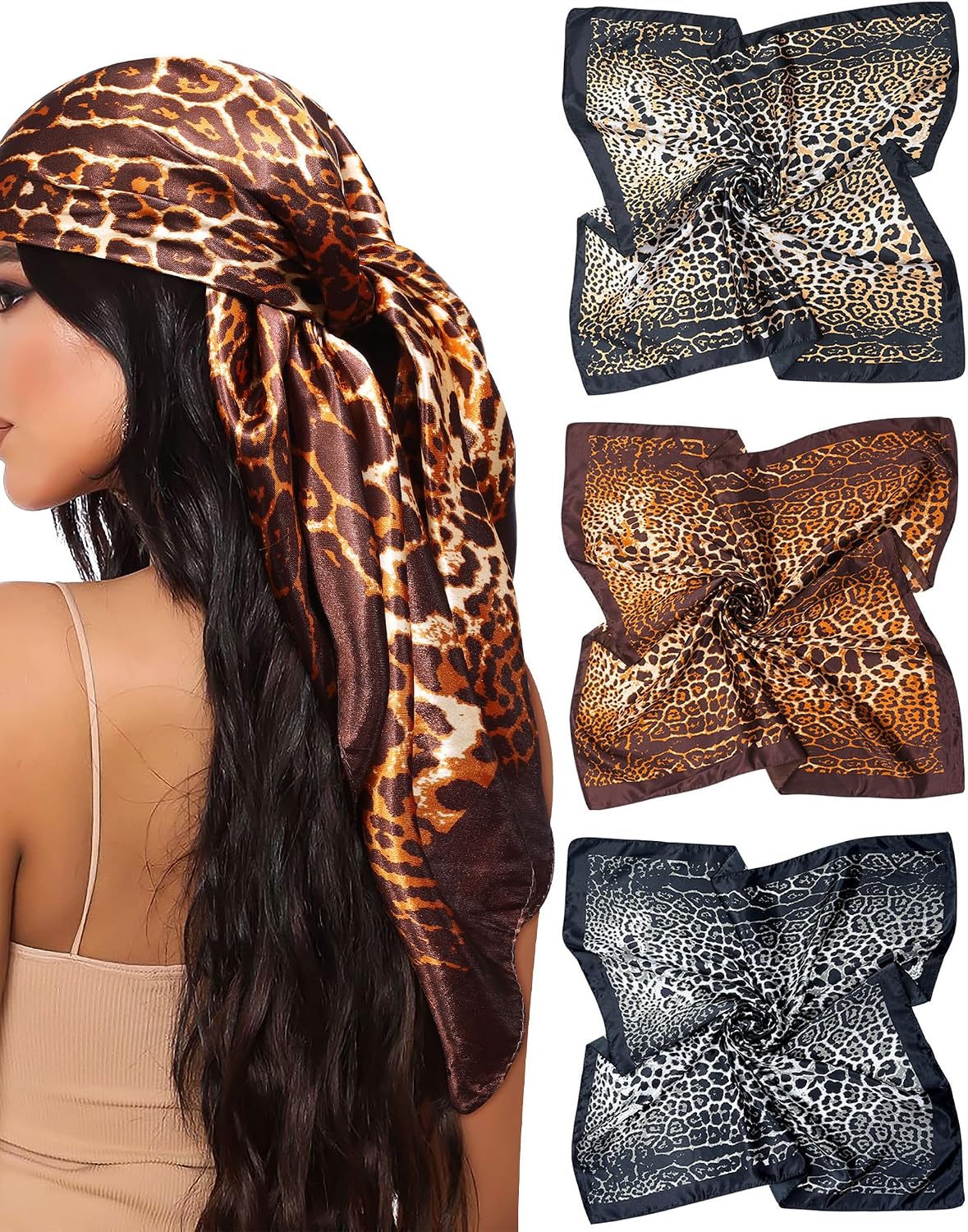 Silk Satin Head Scarf for Women - 35” Square Bandanas | 3 Pack Hair & Neck Scarves for Sleeping