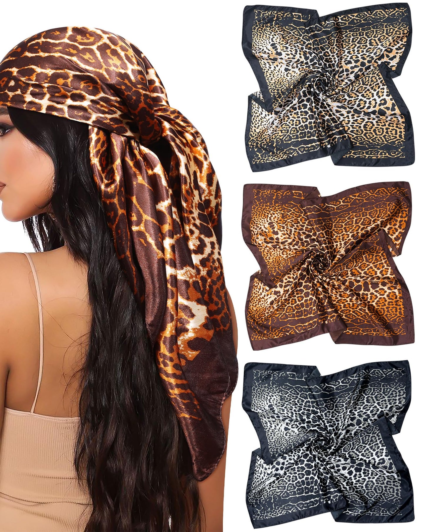 Mesovor 35” Square Head Scarf for Women, 3 Pack Like Silk Satin Headscarf Hair Neck Scarf Top Bandanas for Sleeping (Leopard(Black/Yellow/Coffee))
