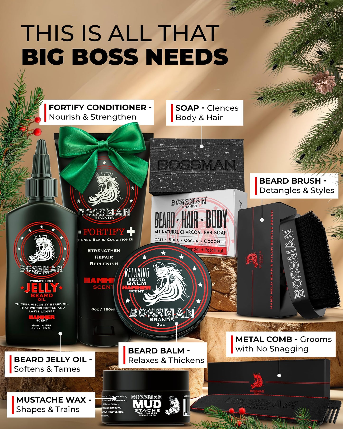 Bossman Big Boss Beard Care Kit for Men - Dad Gifts for Father's Day, 7 Piece Beard Grooming Kit, Jelly Beard Oil, Beard Conditioner, Beard Balm, MUDstache Wax, Bar Soap, Metal Comb, Brush (Royal Oud)
