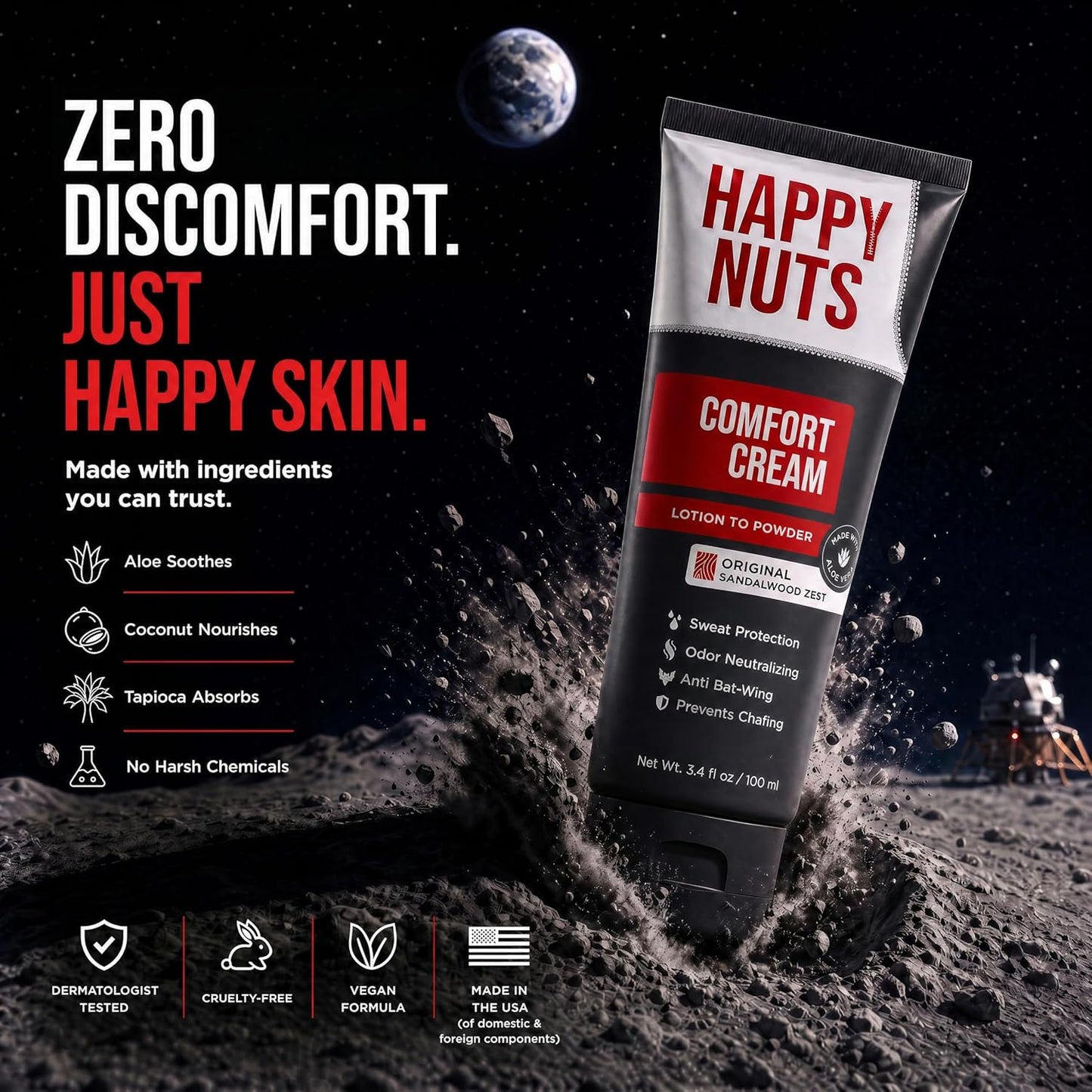 HAPPY NUTS Comfort Cream Deodorant for Men - Anti-Chafing, Odor Control, Aluminum-Free | 3.4 Fl Oz - Big Wood