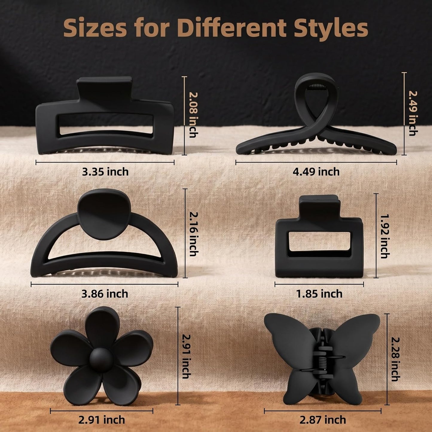 Matte Non-Slip Hair Accessories - 6 Pack Claw Clips for Thin & Thick Hair | Black, Flower, Banana & Butterfly Designs, 1.85-4.5 Inches