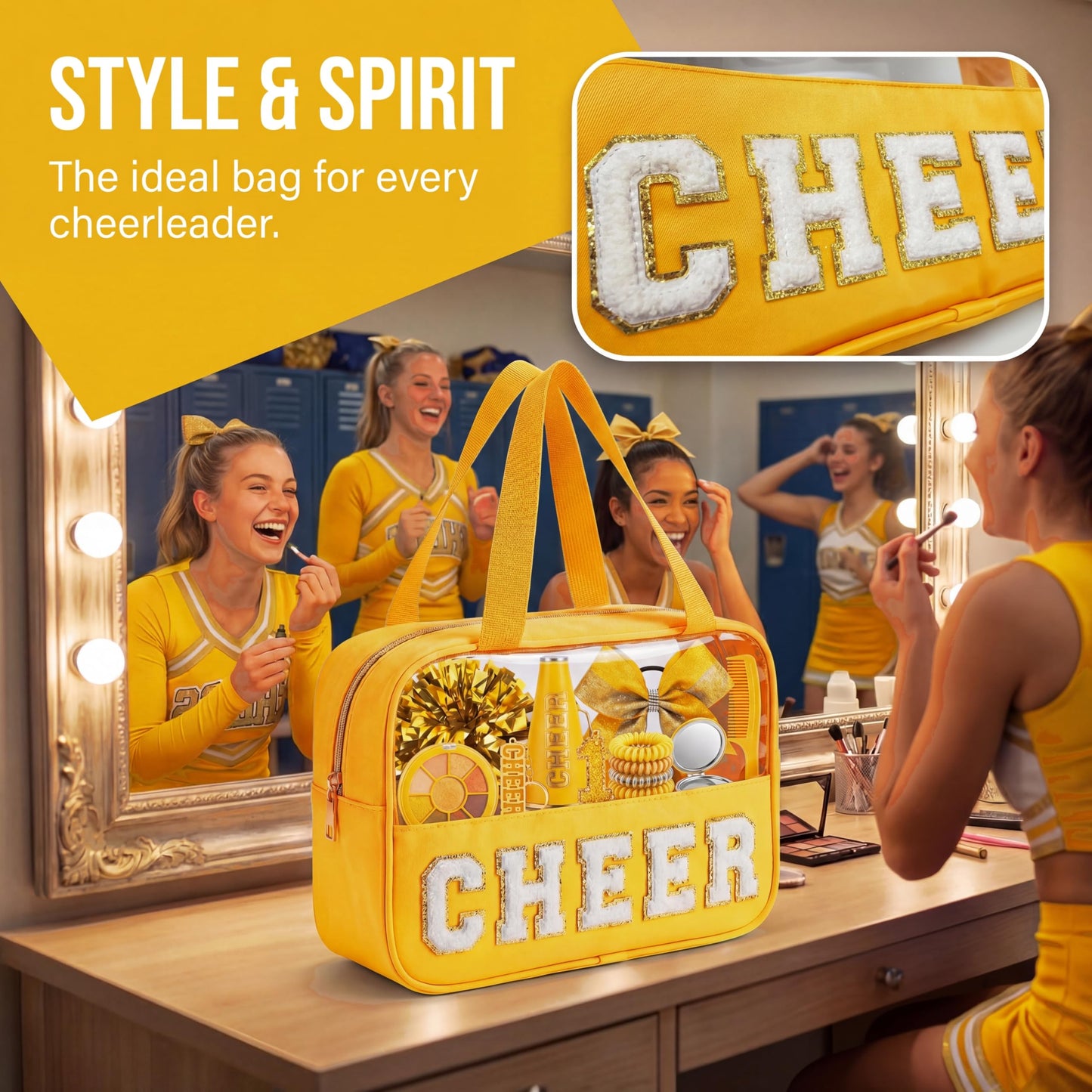 KYTACCU Cheer Makeup Bag Cheerleader Gifts Cheer Chenille Letter Cosmetic Bag Cheerleading Competition Accessories Clear Travel Toiletry Pouch for Girls Women-Yellow