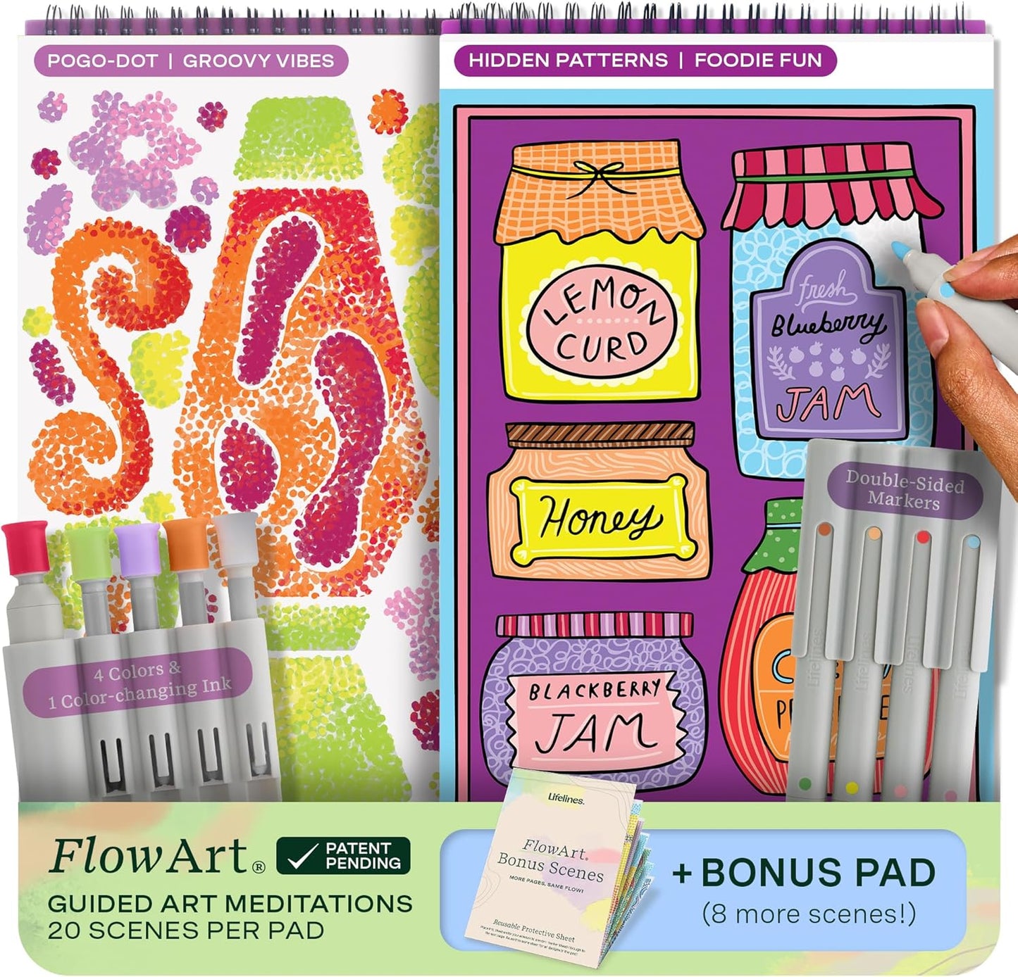 FlowArt Mini Activity Pads - Guided Dot-by-Letter Art Meditations | 3-Pack with 15 Markers & 60 Scenes for All Ages
