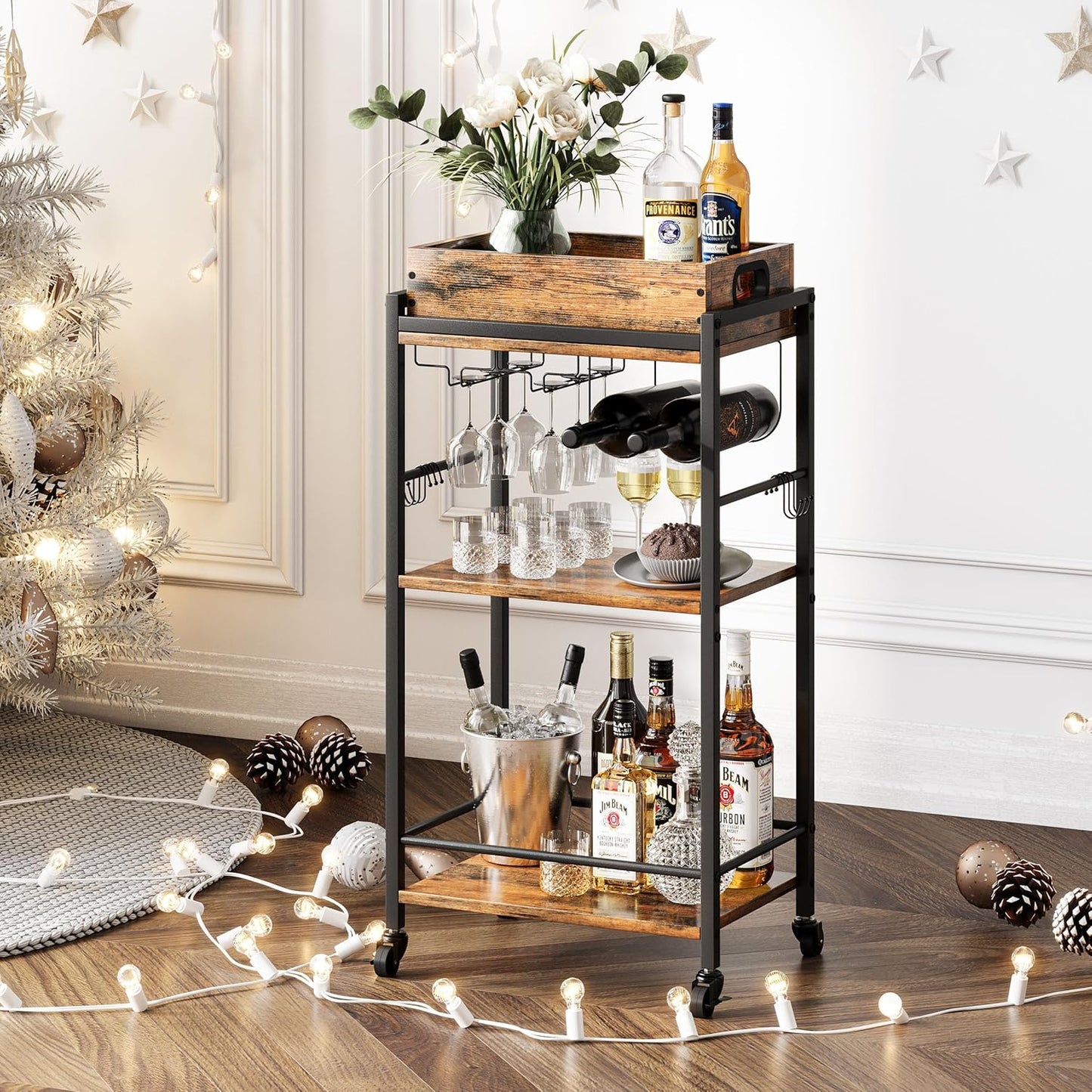 Gold Bar Cart - 3-Tier Rolling Beverage Cart with Removable Tray & Wine Rack | Stylish Small Drink Cart for Kitchen & Living Room