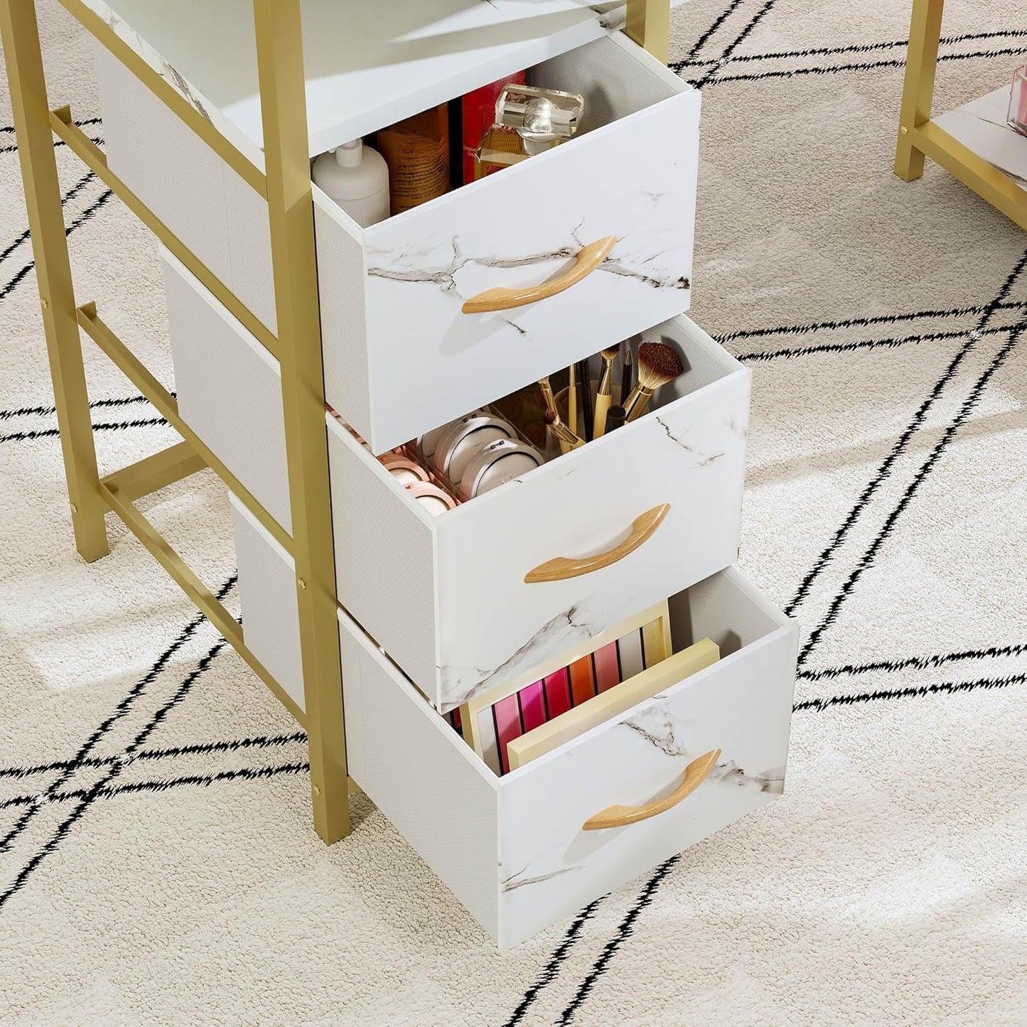 Nail Desk - Marbling Texture Manicure Table with 3 Drawers | Beauty Salon Spa Furniture (White)