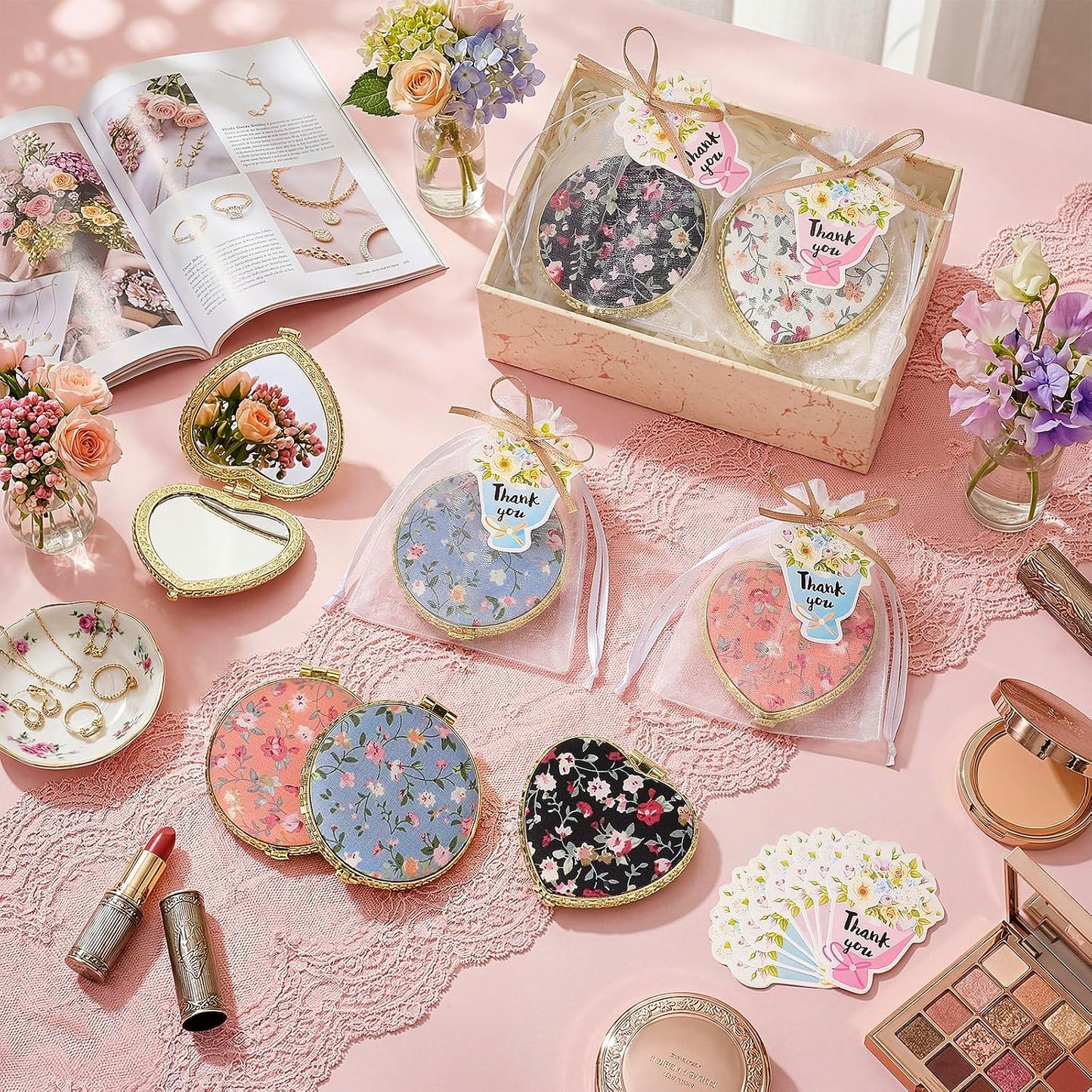 Compact Mirror Set for Women - Floral Pocket Mirrors with Organza Bags & Thank You Cards | Perfect for Diwali, Weddings & Parties