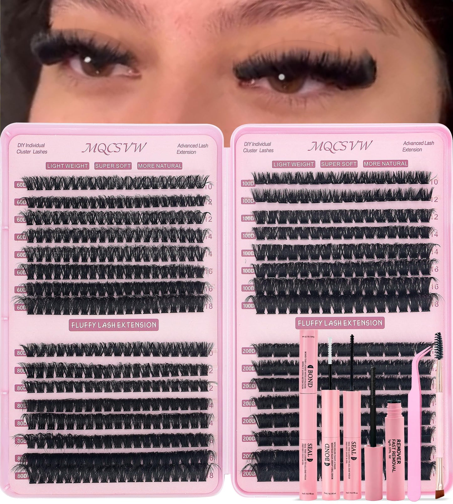 Lash Clusters Kit Fluff 60D+80D+100D+200D Individual Lashes 10-18mm D Curly Cluster Wispy Eyelash Extensions Thick False Eyelashes, with Tweezers Bond Seal Brush Remover Diy