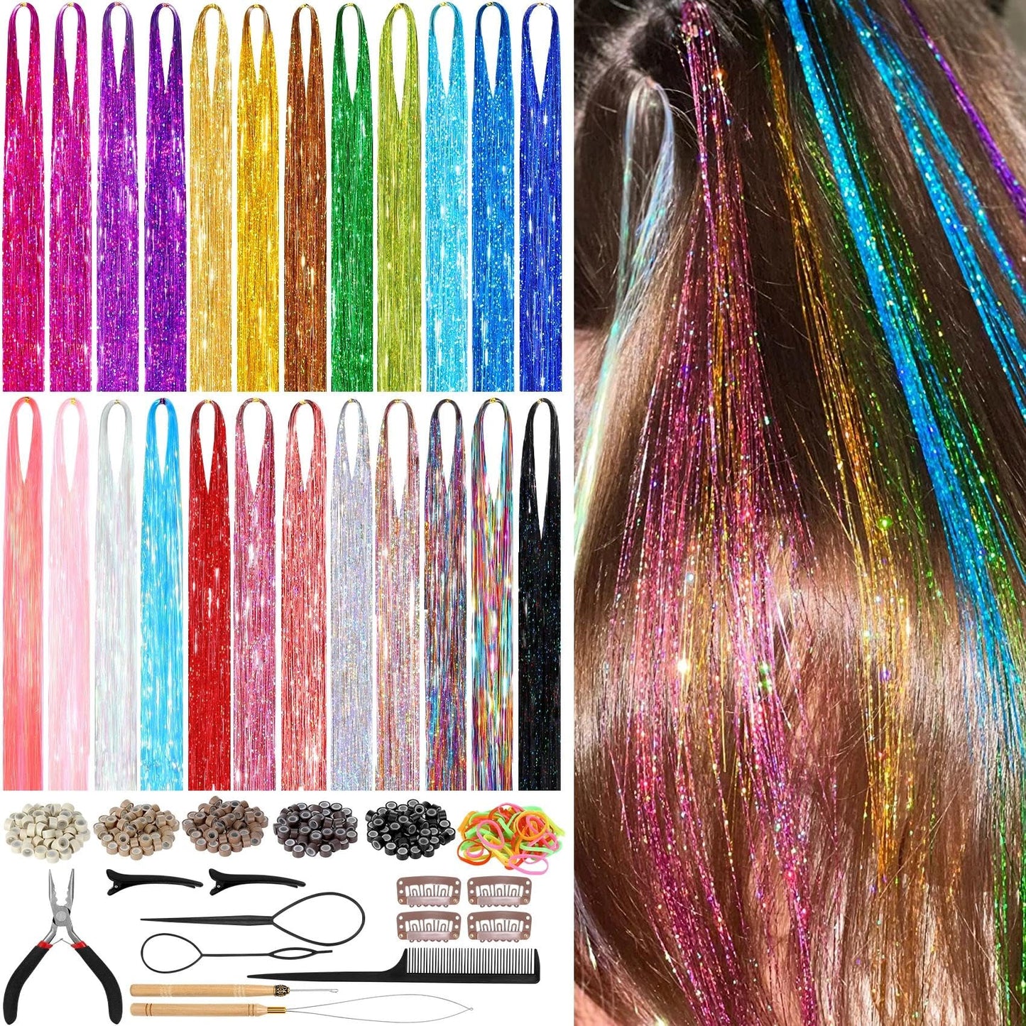 Revahope 8400 STRANDS Hair Tinsel Kit for Girls, 24 Colors 48 Inches Fairy Hair Tinsel Kit Heat Resistance Colorful Glitter Hair Extensions with Tools for Party Concert