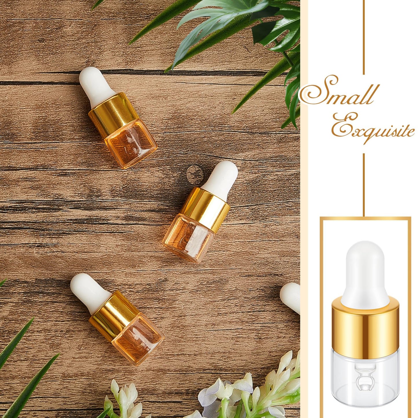 Didaey 12 Pcs 1/2/3/5/10/15 ml Mini Glass Oil Dropper Bottle Bulk, Clear Essential Small Empty Bottles Sample Containers Perfume Liquid Vials with Cap for Traveling (1 ml,Champagne Gold)