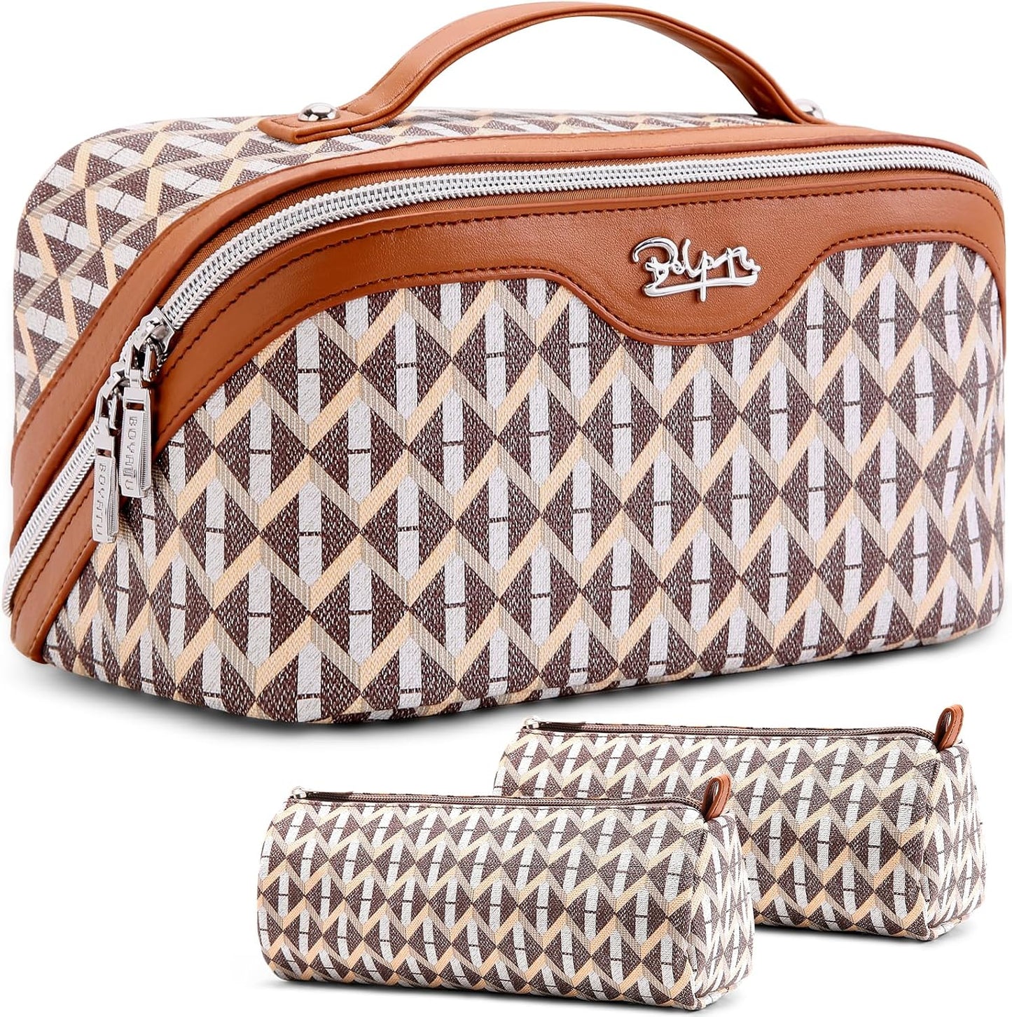 Travel Makeup Bag Organizer Set - 3 Pcs Waterproof Vegan Leather Cosmetic Bags for Women | Black