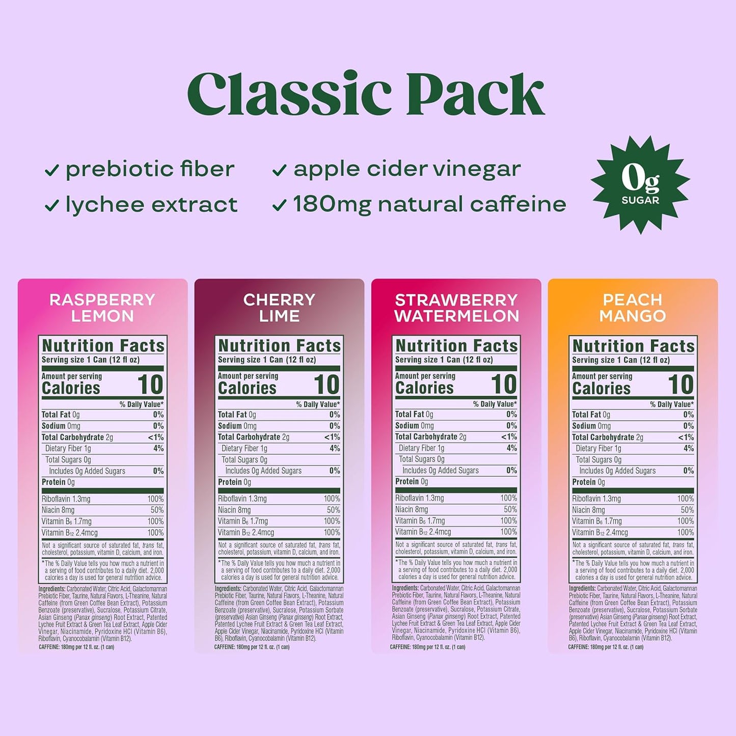 Sparkling Energy Drink Variety Pack - Natural Caffeine, Zero Sugar, 180mg - Antioxidant-Rich, Prebiotics | 12oz, 12 Pack