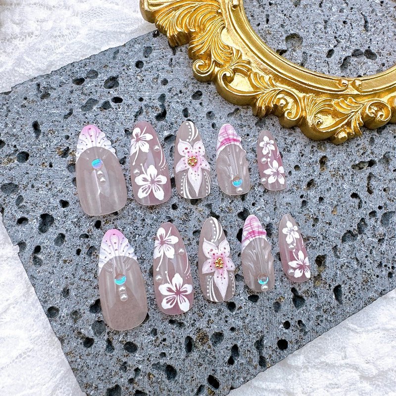 Press On Nails - 24 Pcs Pink French Tip with Pearl Rhinestones | Summer Beach Acrylic Floral Design