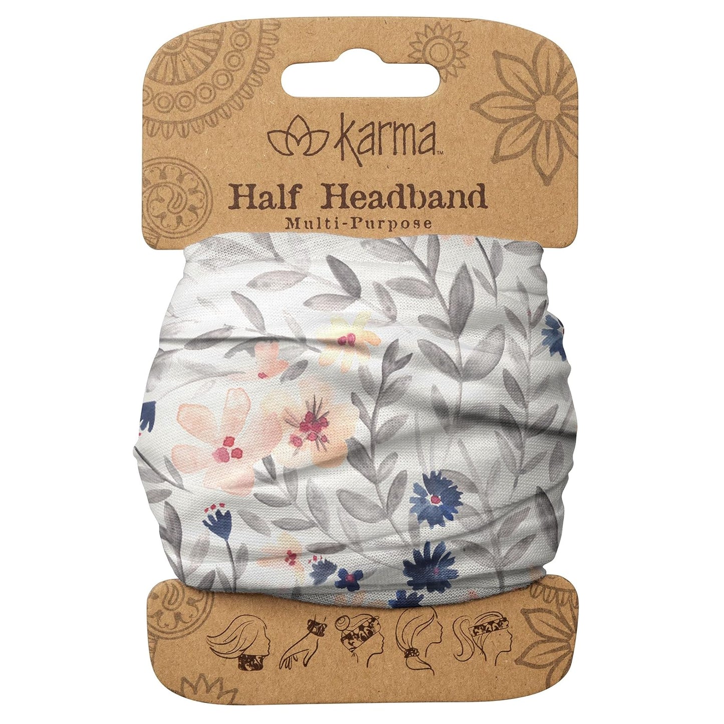 Floral Headband for Women | Stretchy Fabric Hair Scarf - Light Tan & Blue - Medium Size