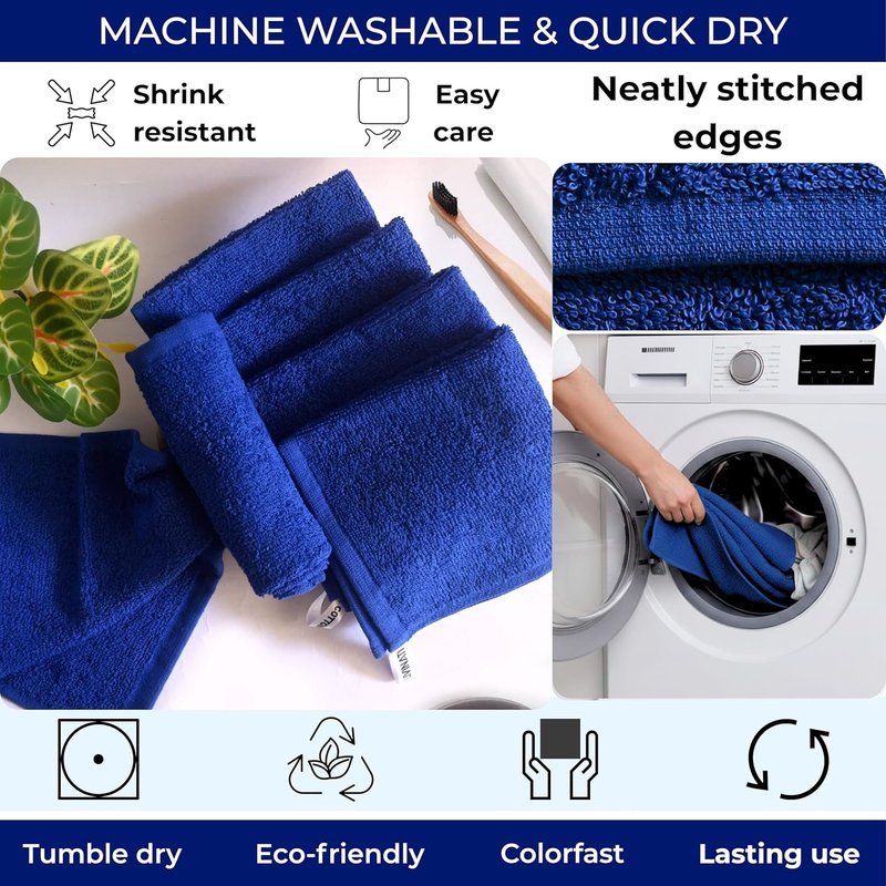 Navy Blue Cotton Wash Cloths - Soft Absorbent 12"x12" Bath Rags | 6 Pack for Adults & Kids