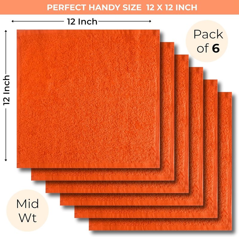 100% Cotton Wash Cloths - Soft Absorbent Terry Towel Set | Orange 12" x 12" - 6 Pack for Adults & Kids